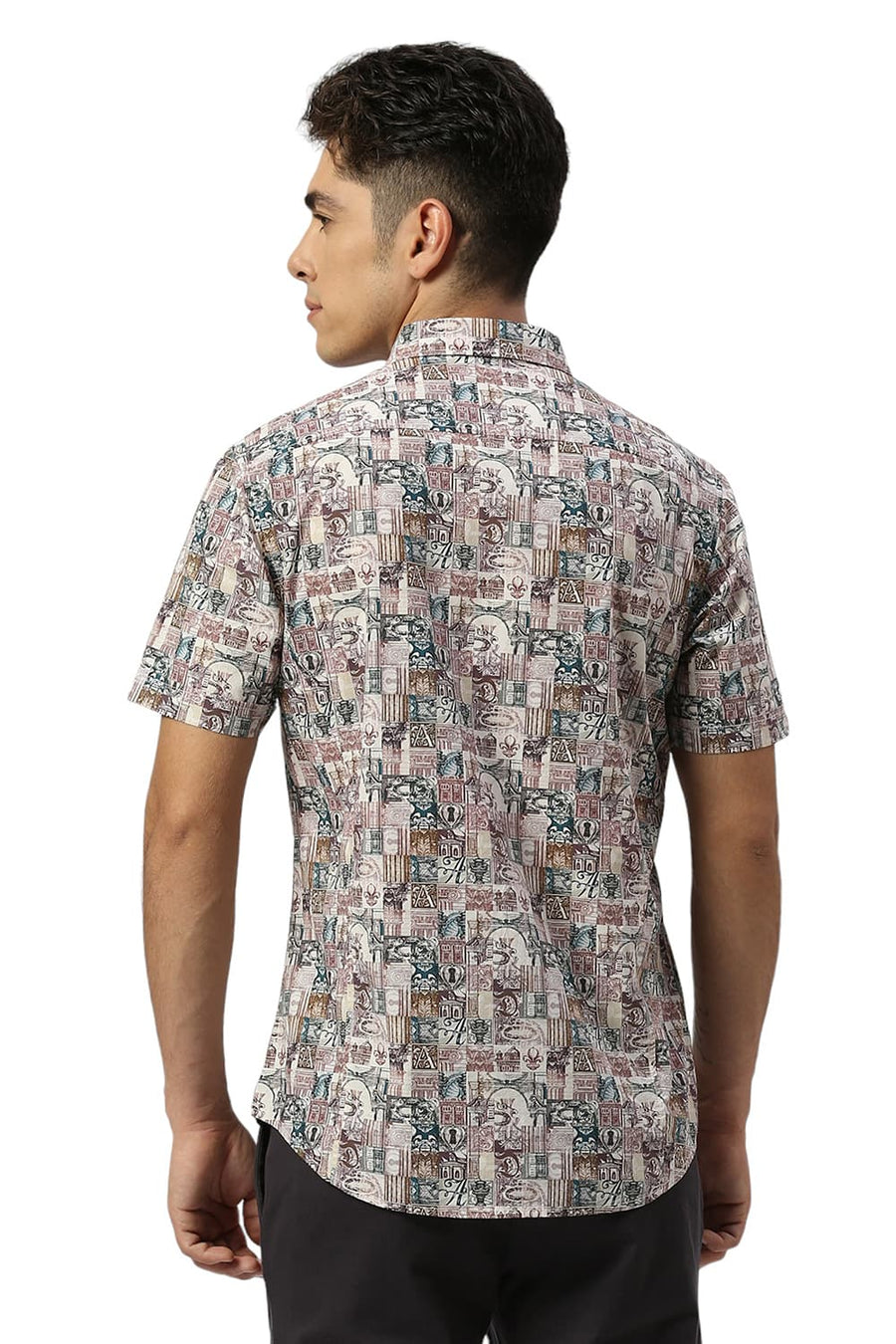 BASICS SLIM FIT ARCTIC BEIGE COTTON DIGITAL PRINTED HALFSLEEVES SHIRT