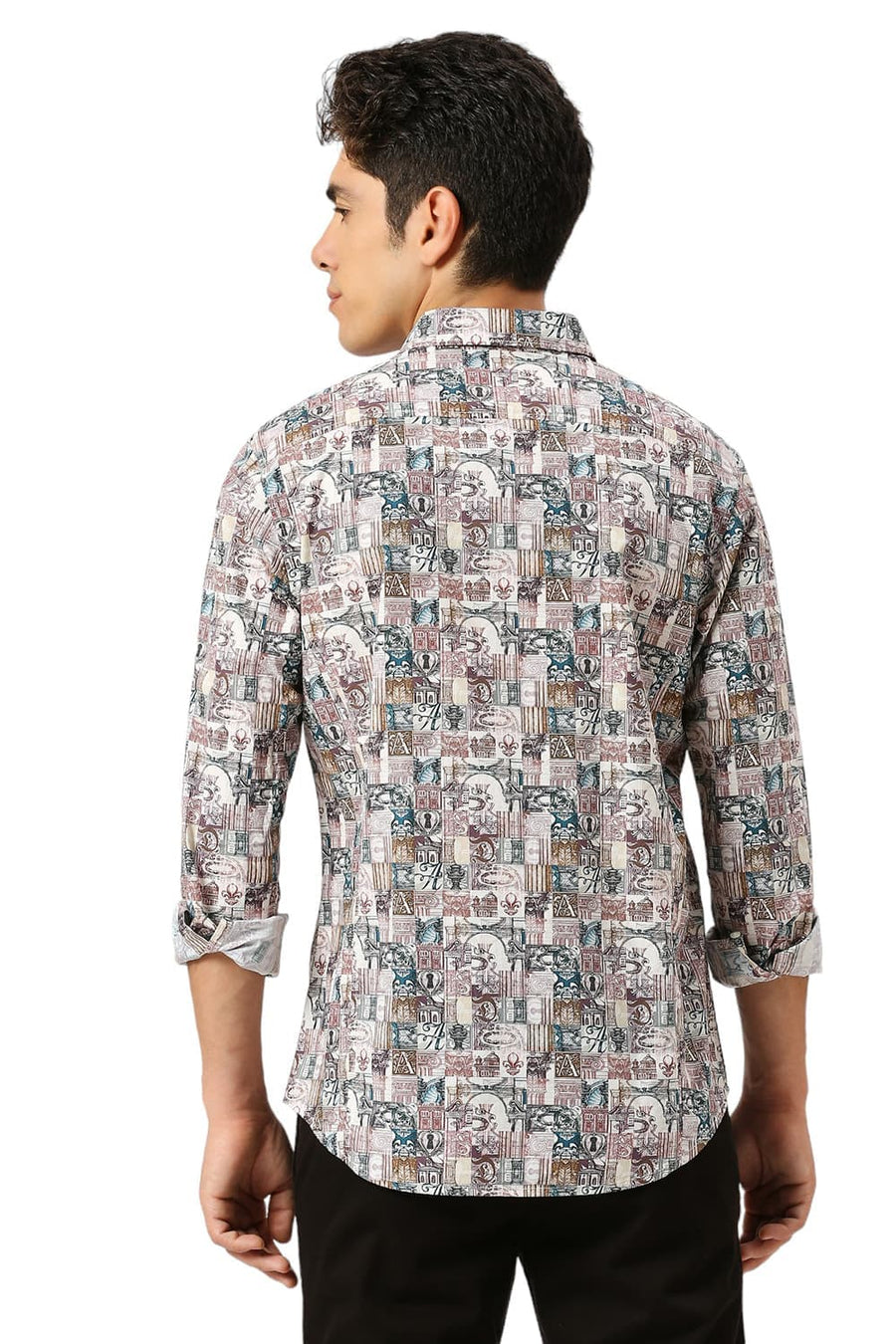 BASICS SLIM FIT ARCTIC BEIGE COTTON DIGITAL PRINTED SHIRT