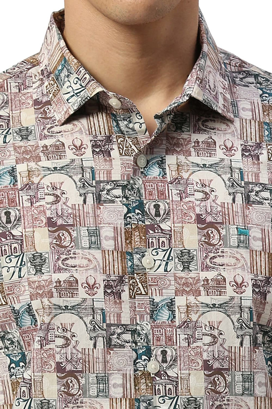 BASICS SLIM FIT ARCTIC BEIGE COTTON DIGITAL PRINTED HALFSLEEVES SHIRT