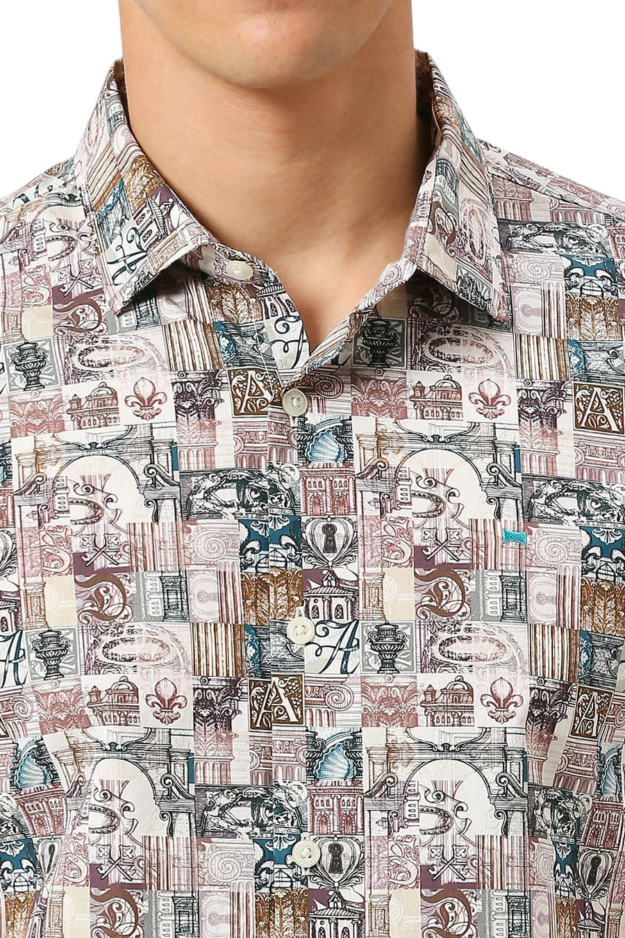 BASICS SLIM FIT ARCTIC BEIGE COTTON DIGITAL PRINTED SHIRT