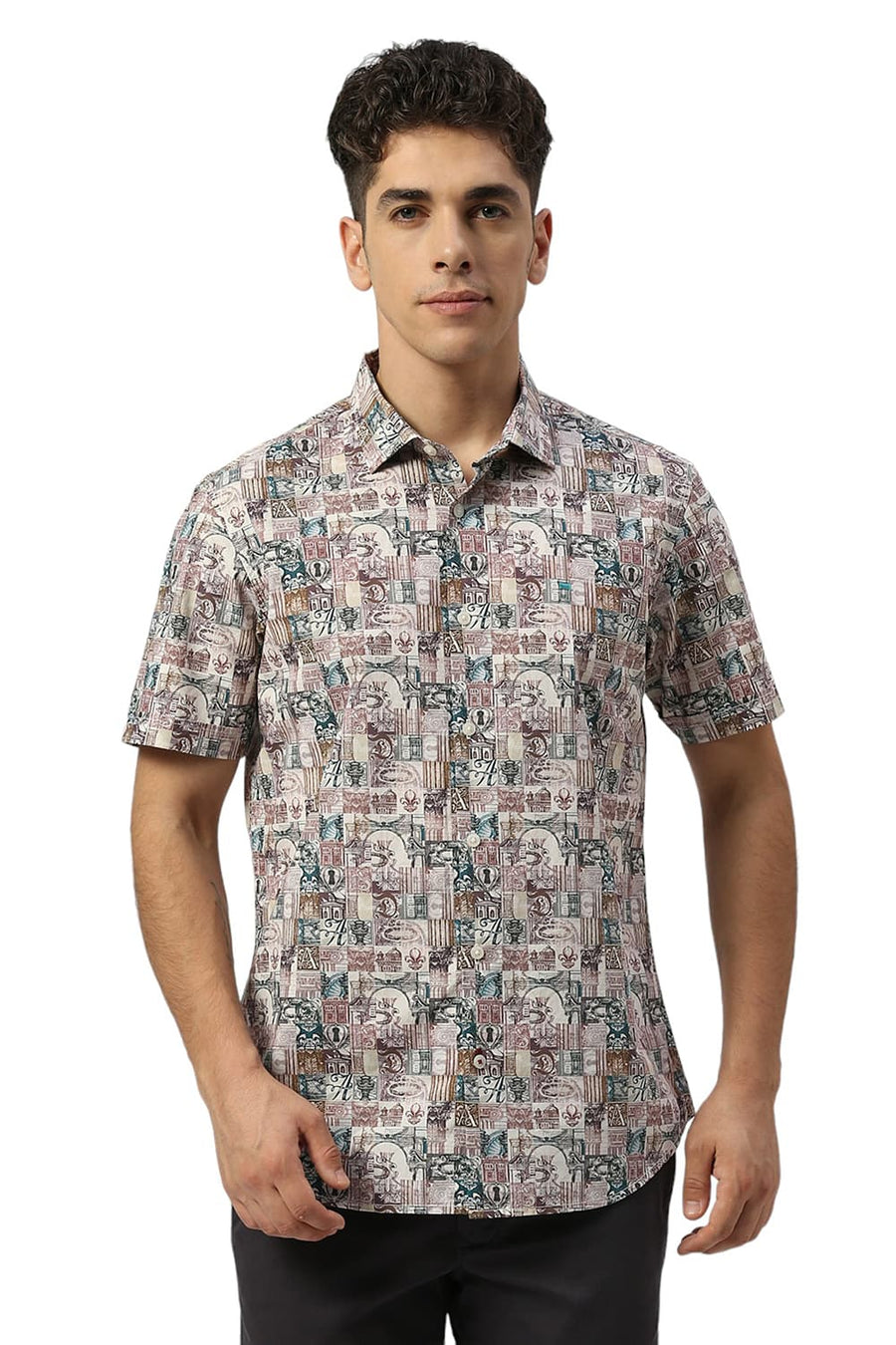 BASICS SLIM FIT ARCTIC BEIGE COTTON DIGITAL PRINTED HALFSLEEVES SHIRT