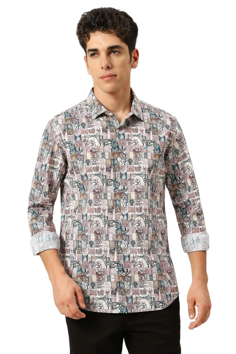 BASICS SLIM FIT ARCTIC BEIGE COTTON DIGITAL PRINTED SHIRT