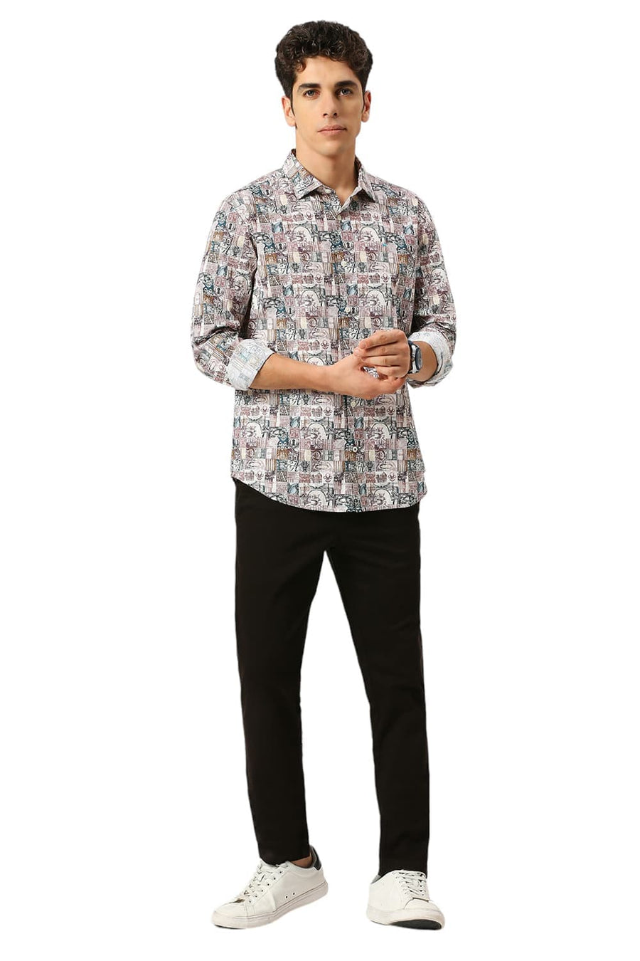 BASICS SLIM FIT ARCTIC BEIGE COTTON DIGITAL PRINTED SHIRT