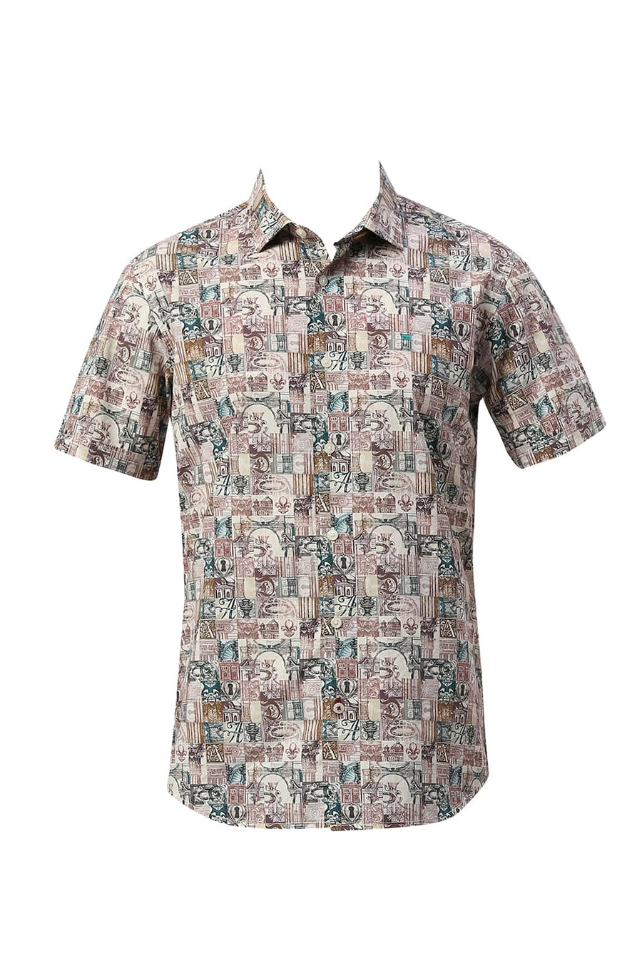 BASICS SLIM FIT ARCTIC BEIGE COTTON DIGITAL PRINTED HALFSLEEVES SHIRT