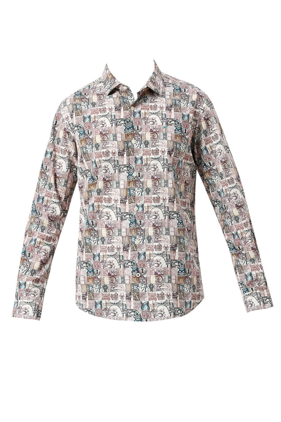 BASICS SLIM FIT ARCTIC BEIGE COTTON DIGITAL PRINTED SHIRT