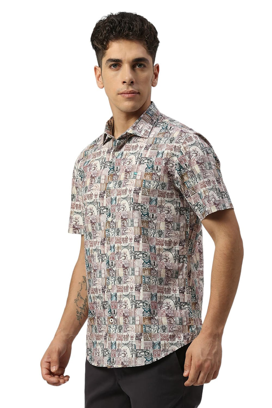 BASICS SLIM FIT ARCTIC BEIGE COTTON DIGITAL PRINTED HALFSLEEVES SHIRT