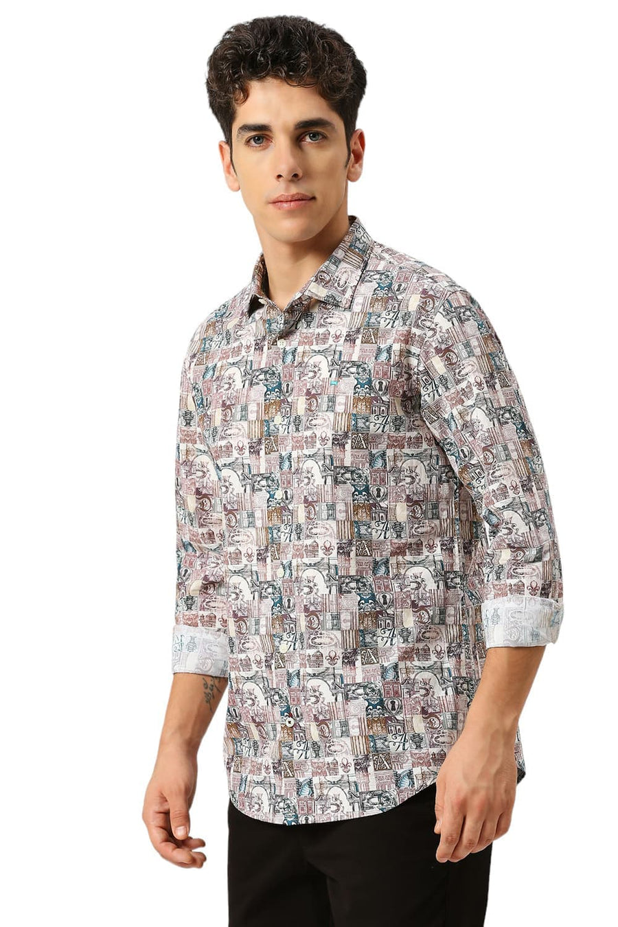 BASICS SLIM FIT ARCTIC BEIGE COTTON DIGITAL PRINTED SHIRT