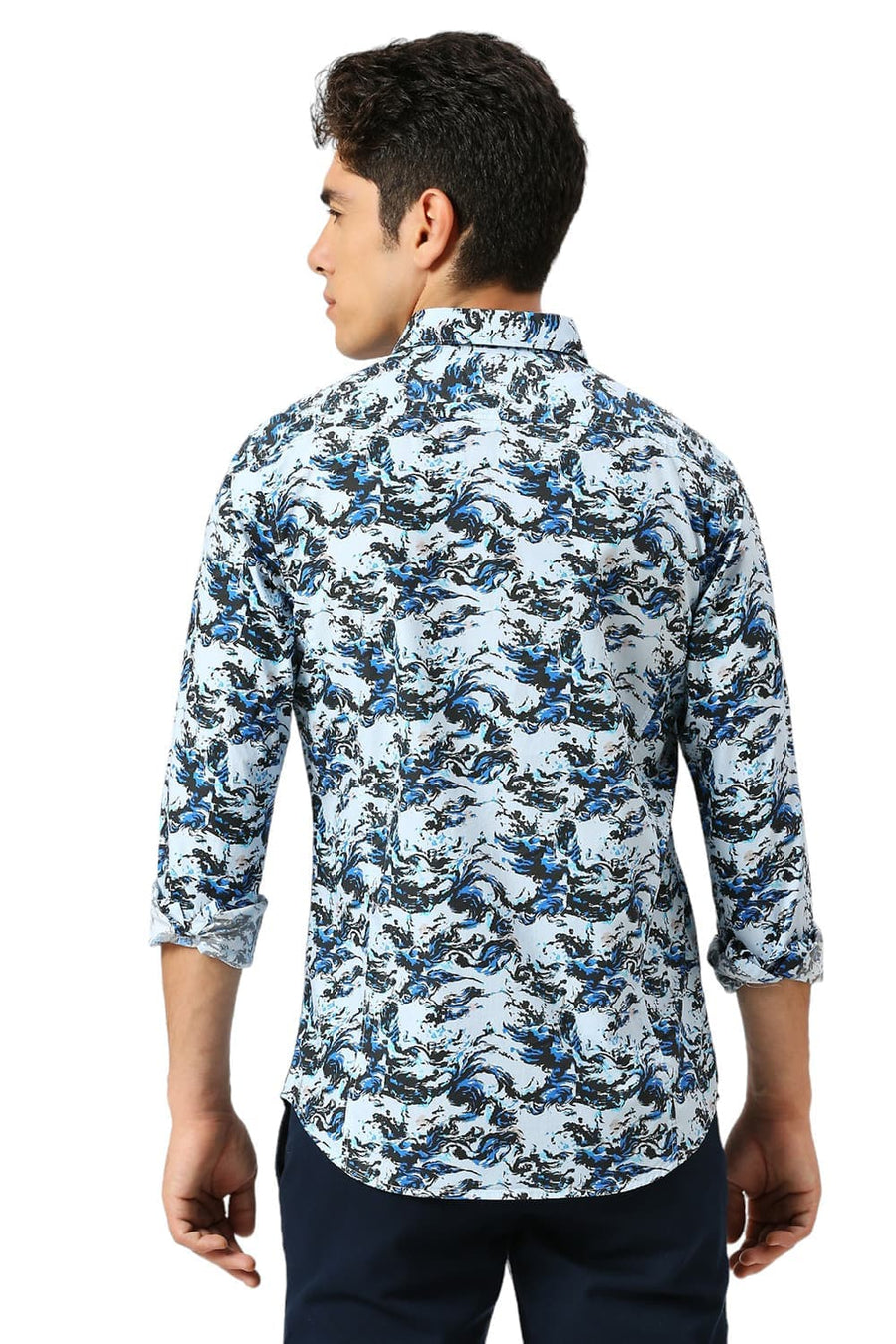 BASICS SLIM FIT ICE BLUE COTTON DIGITAL PRINTED SHIRT