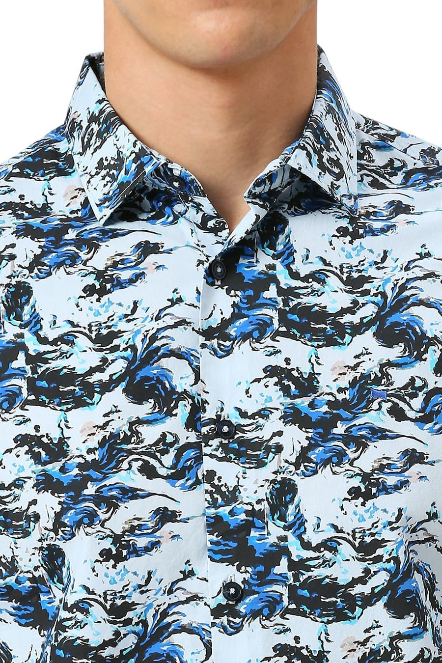 BASICS SLIM FIT ICE BLUE COTTON DIGITAL PRINTED SHIRT