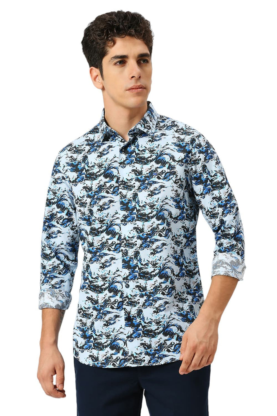 BASICS SLIM FIT ICE BLUE COTTON DIGITAL PRINTED SHIRT
