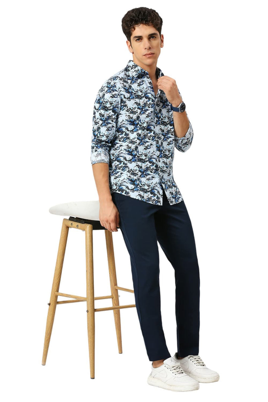 BASICS SLIM FIT ICE BLUE COTTON DIGITAL PRINTED SHIRT