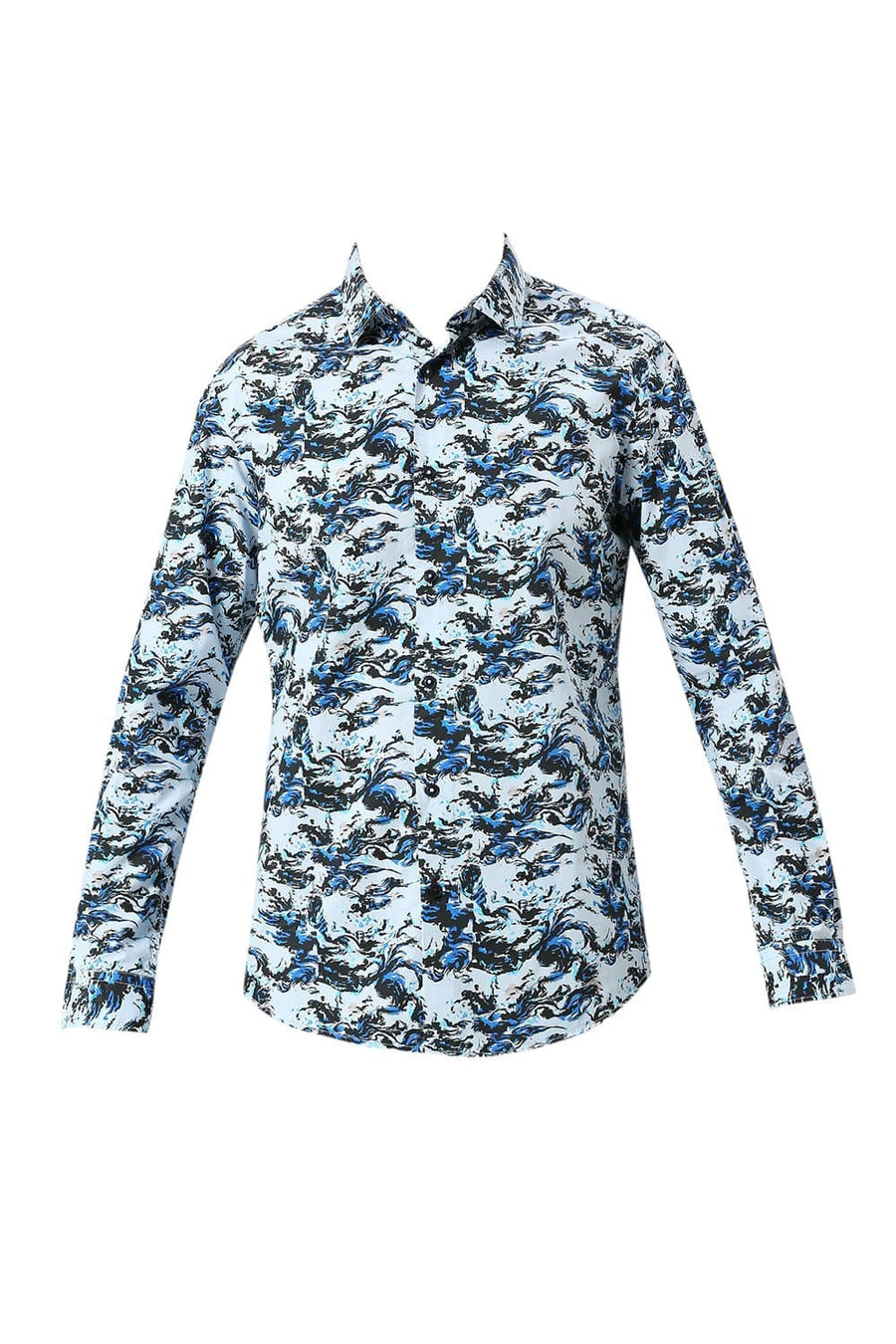 BASICS SLIM FIT ICE BLUE COTTON DIGITAL PRINTED SHIRT