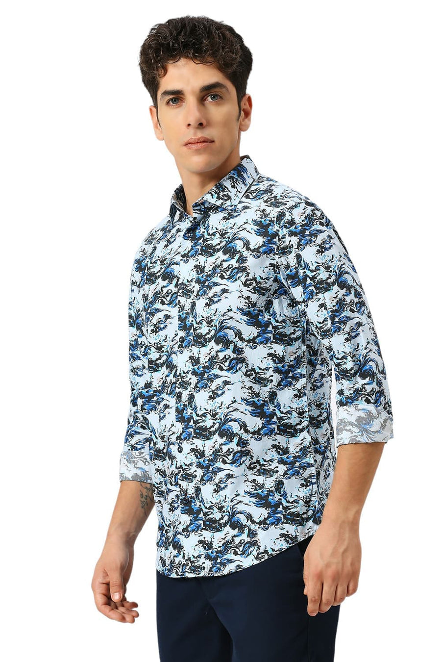 BASICS SLIM FIT ICE BLUE COTTON DIGITAL PRINTED SHIRT