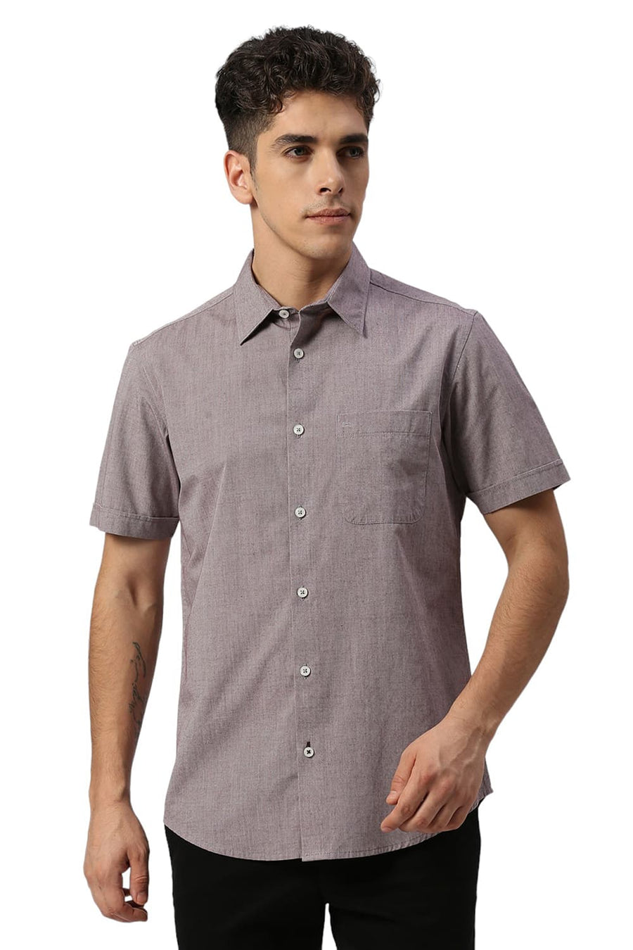 BASICS SLIM FIT PORT WINE COTTON POLYESTER VISCOSE HALFSLEEVES SHIRT
