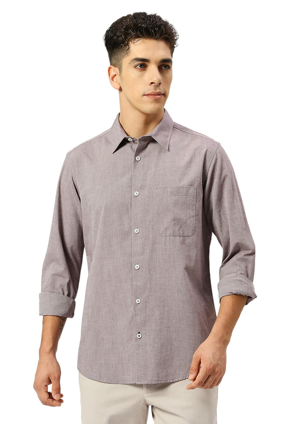 BASICS SLIM FIT PORT WINE COTTON POLYESTER VISCOSE SHIRT