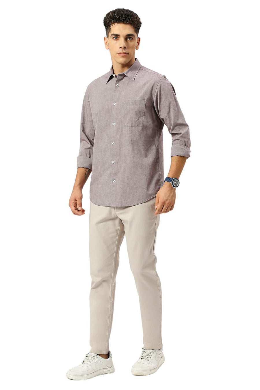 BASICS SLIM FIT PORT WINE COTTON POLYESTER VISCOSE SHIRT