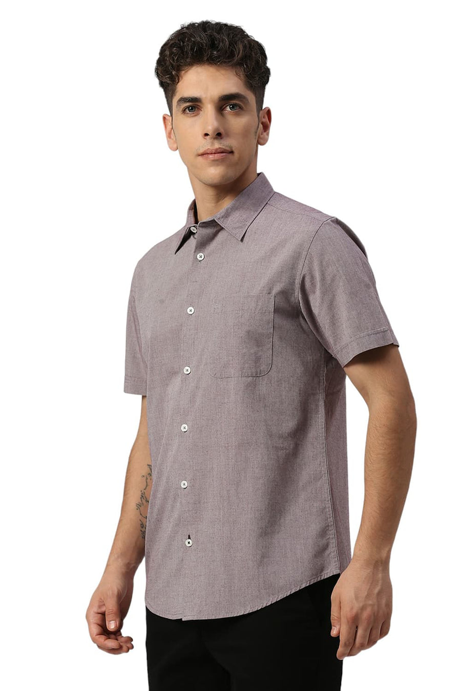 BASICS SLIM FIT PORT WINE COTTON POLYESTER VISCOSE HALFSLEEVES SHIRT