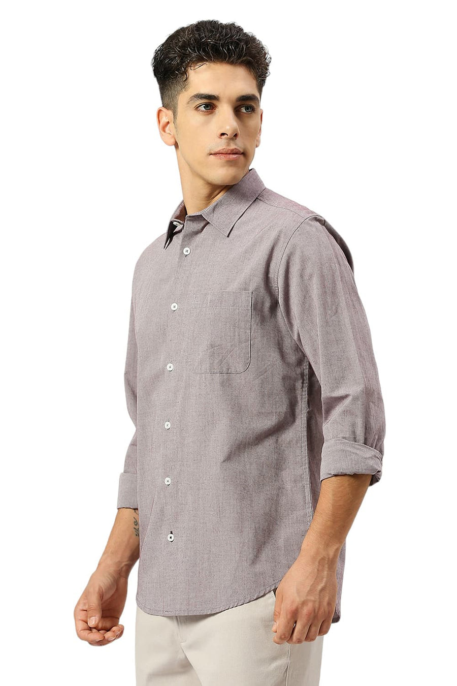 BASICS SLIM FIT PORT WINE COTTON POLYESTER VISCOSE SHIRT