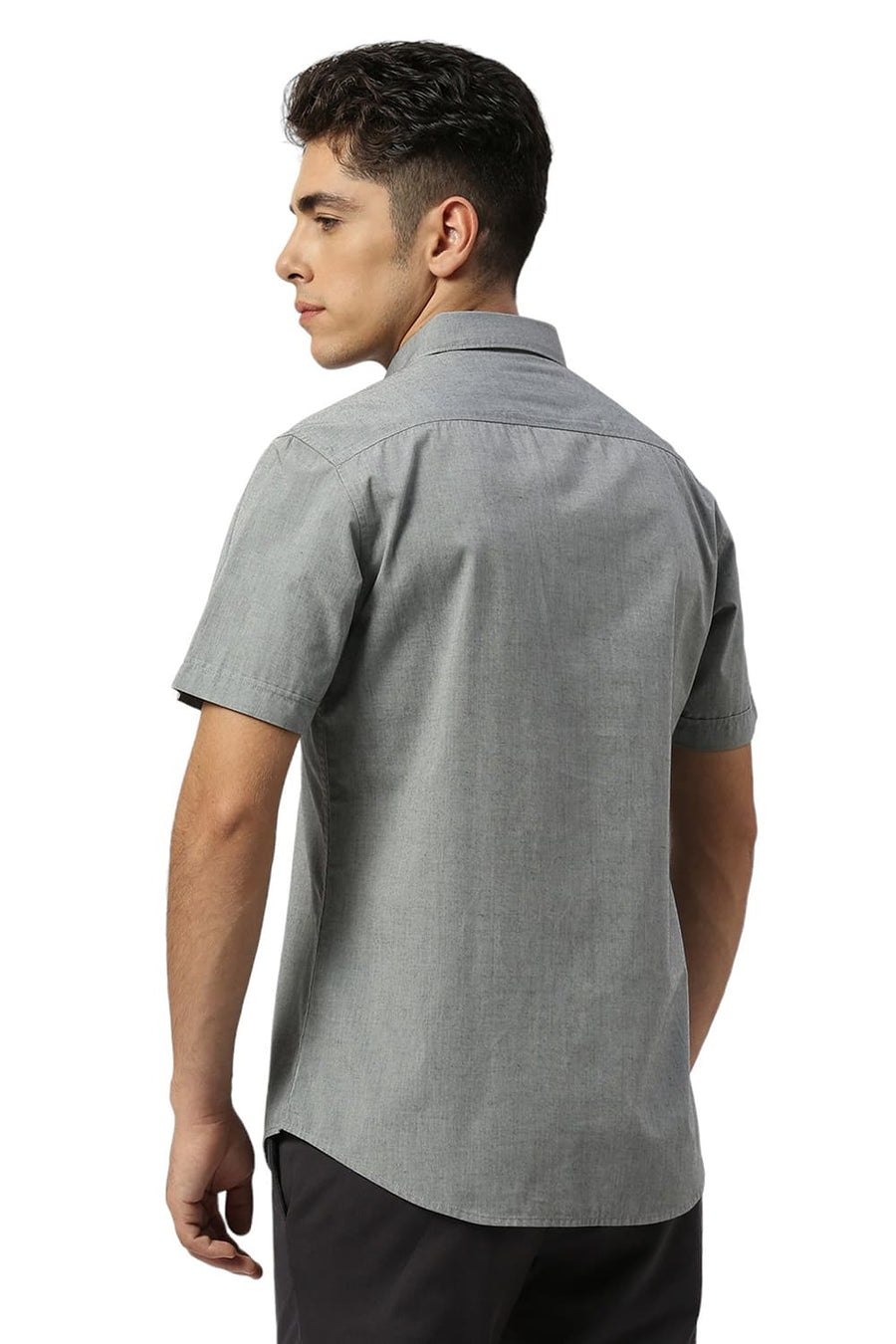 BASICS SLIM FIT SHARKSKIN GREY COTTON POLYESTER VISCOSE HALFSLEEVES SHIRT