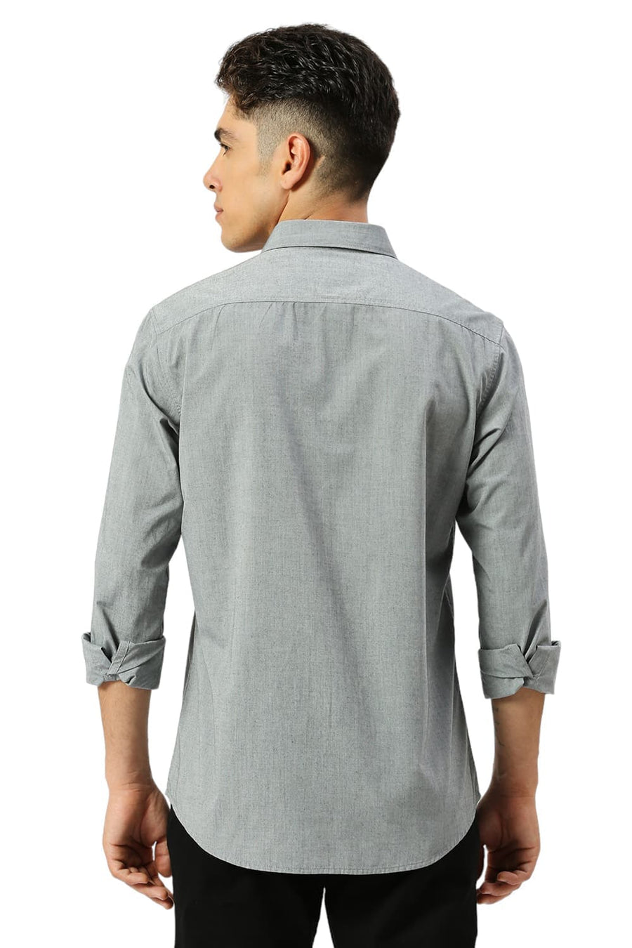 BASICS SLIM FIT SHARKSKIN GREY COTTON POLYESTER VISCOSE SHIRT