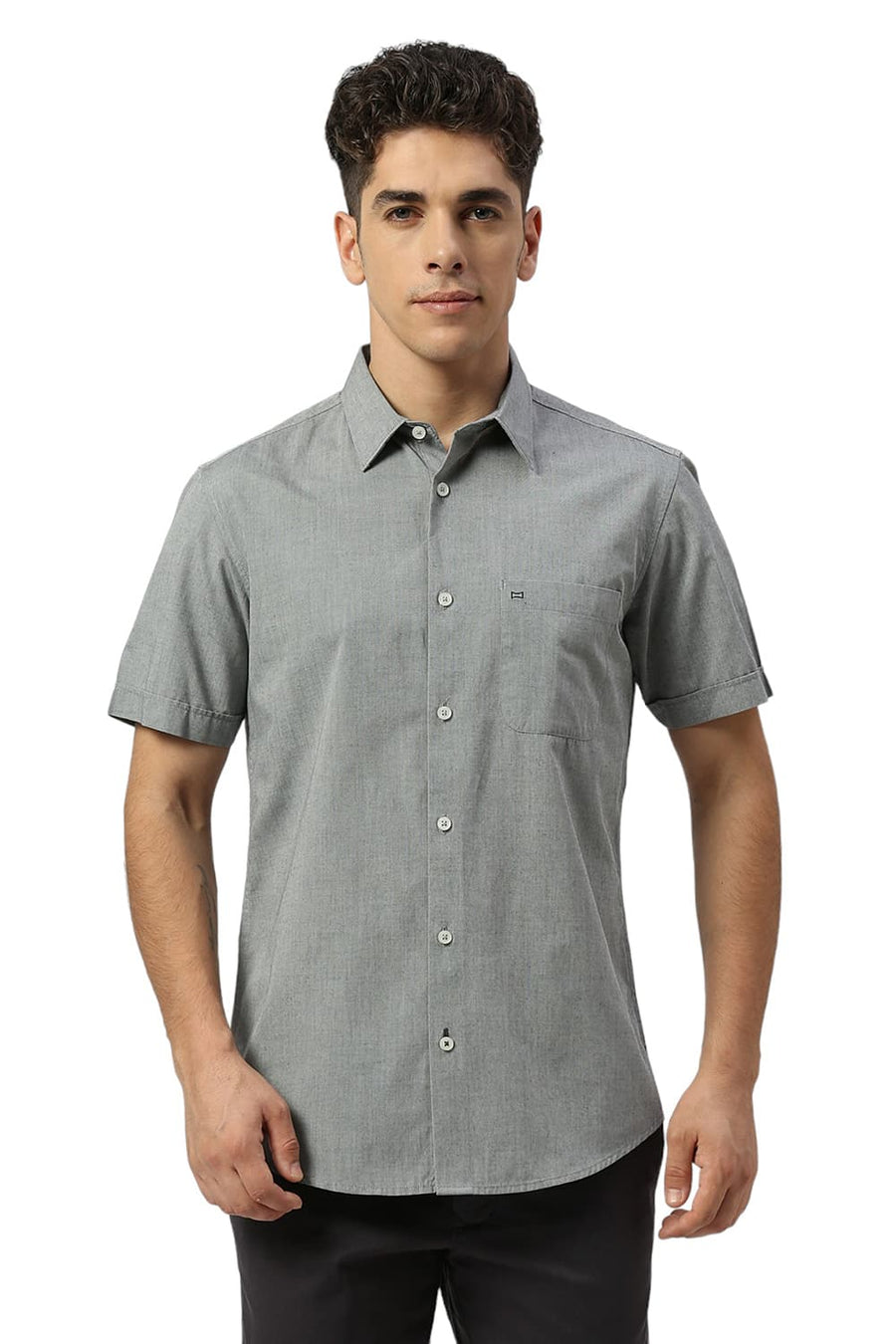 BASICS SLIM FIT SHARKSKIN GREY COTTON POLYESTER VISCOSE HALFSLEEVES SHIRT