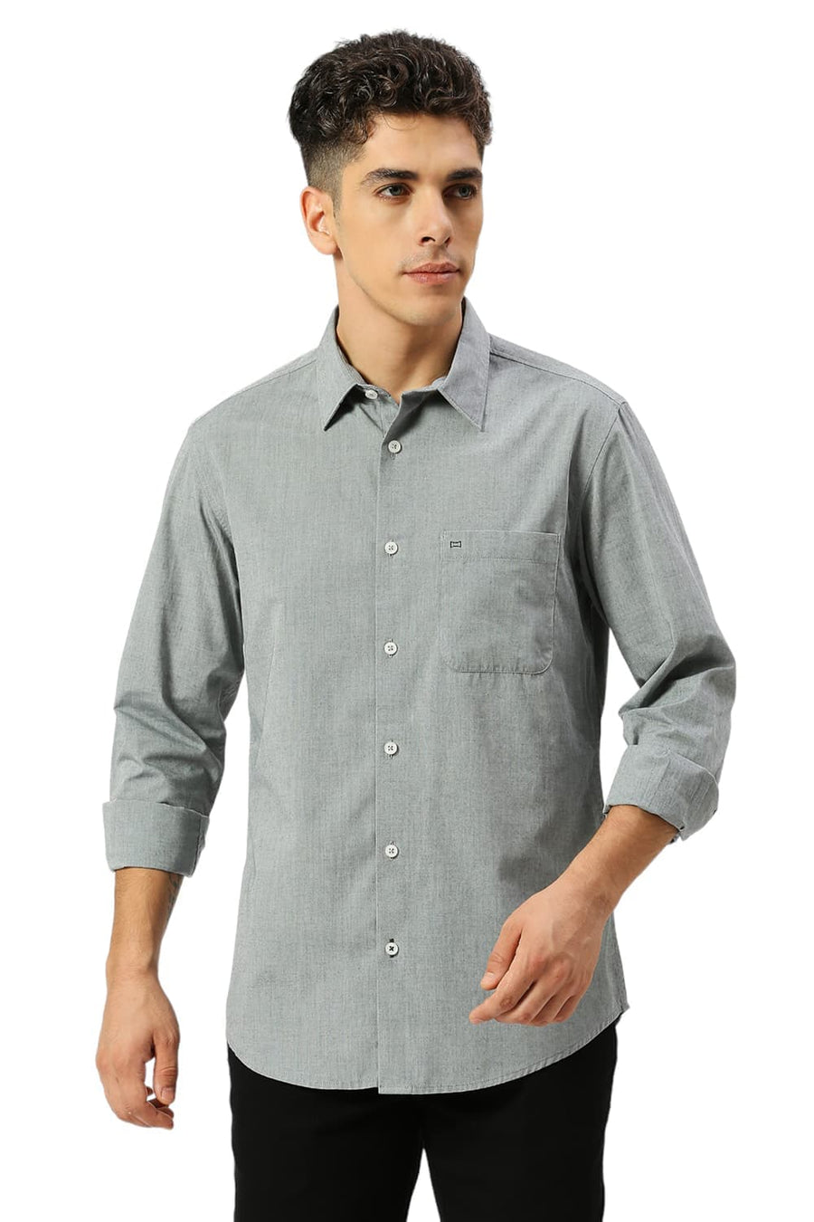BASICS SLIM FIT SHARKSKIN GREY COTTON POLYESTER VISCOSE SHIRT