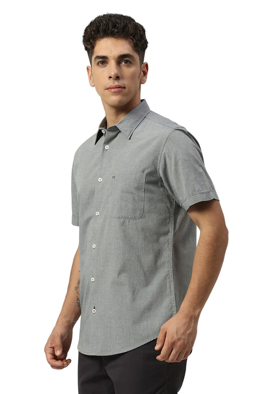 BASICS SLIM FIT SHARKSKIN GREY COTTON POLYESTER VISCOSE HALFSLEEVES SHIRT