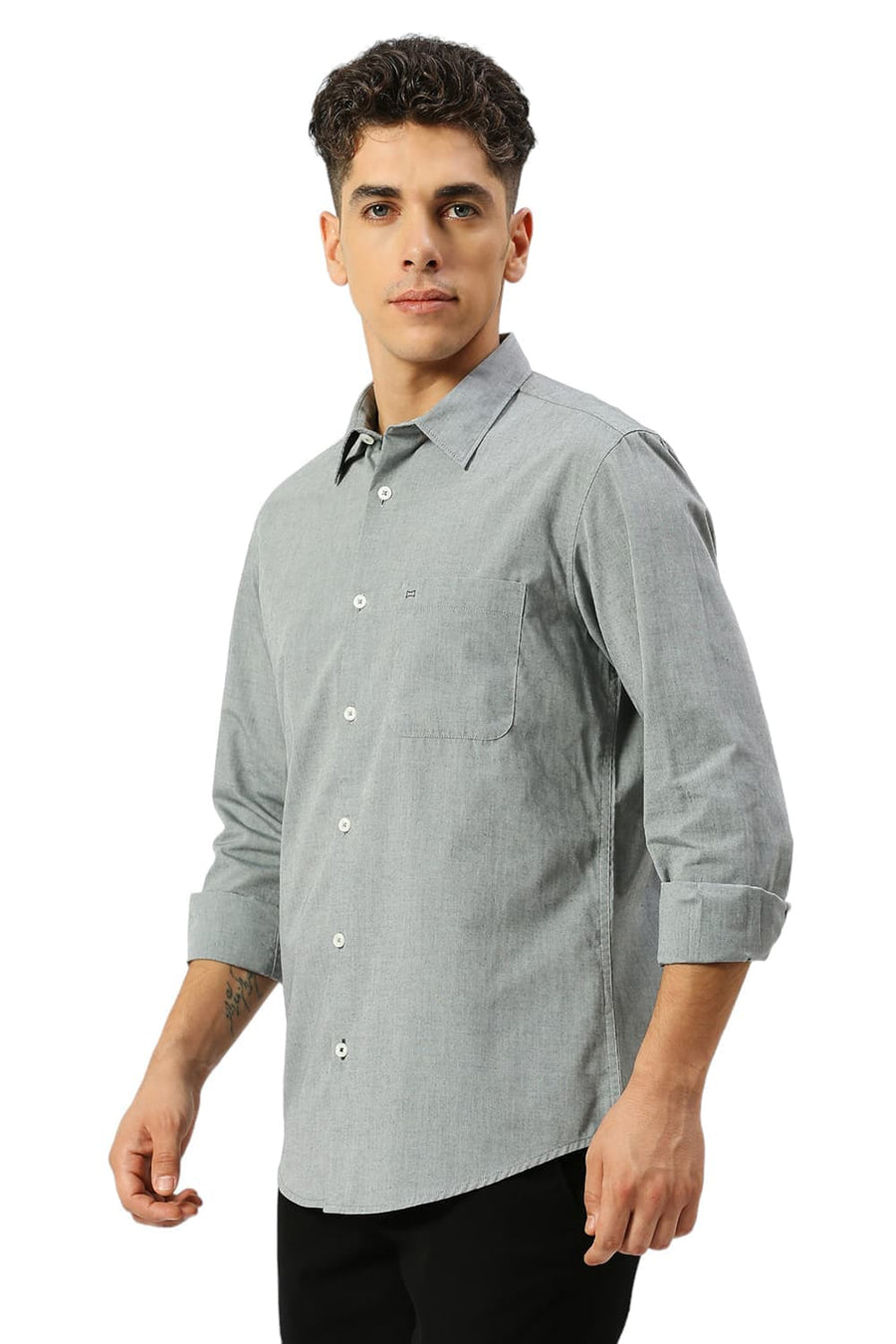 BASICS SLIM FIT SHARKSKIN GREY COTTON POLYESTER VISCOSE SHIRT