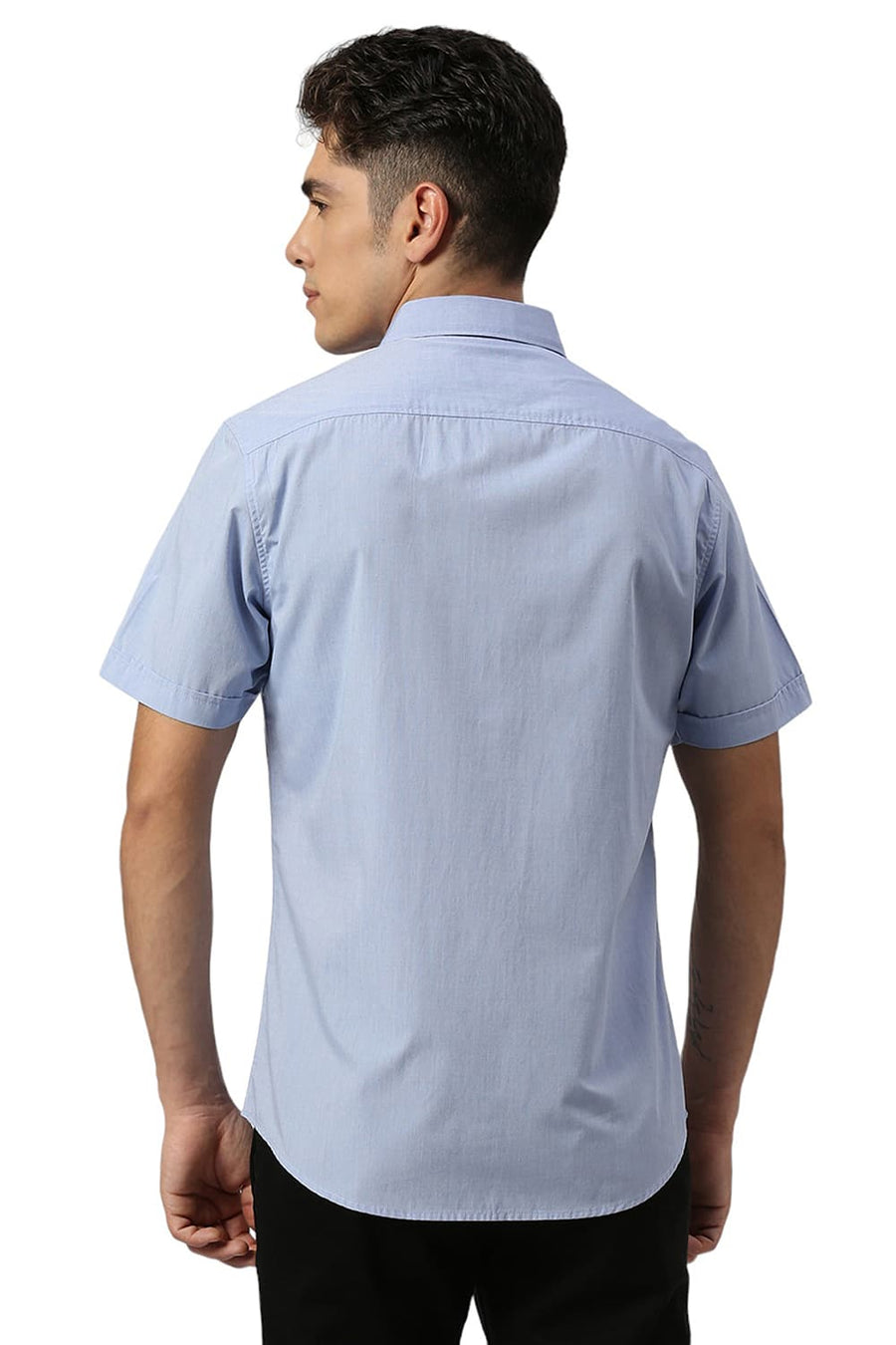 BASICS SLIM FIT BLUE HERON COTTON POLYESTER VISCOSE HALFSLEEVES SHIRT