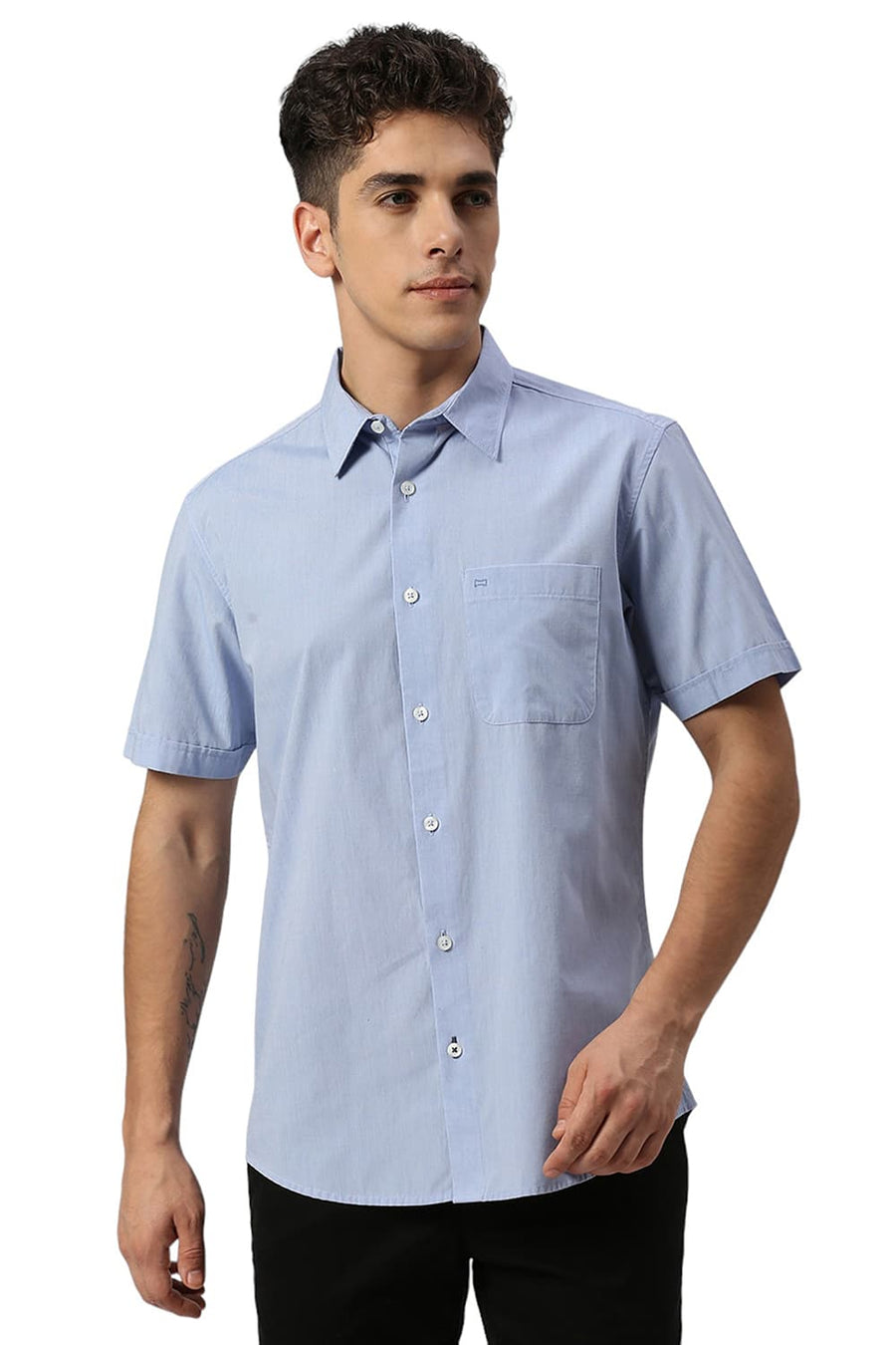 BASICS SLIM FIT BLUE HERON COTTON POLYESTER VISCOSE HALFSLEEVES SHIRT