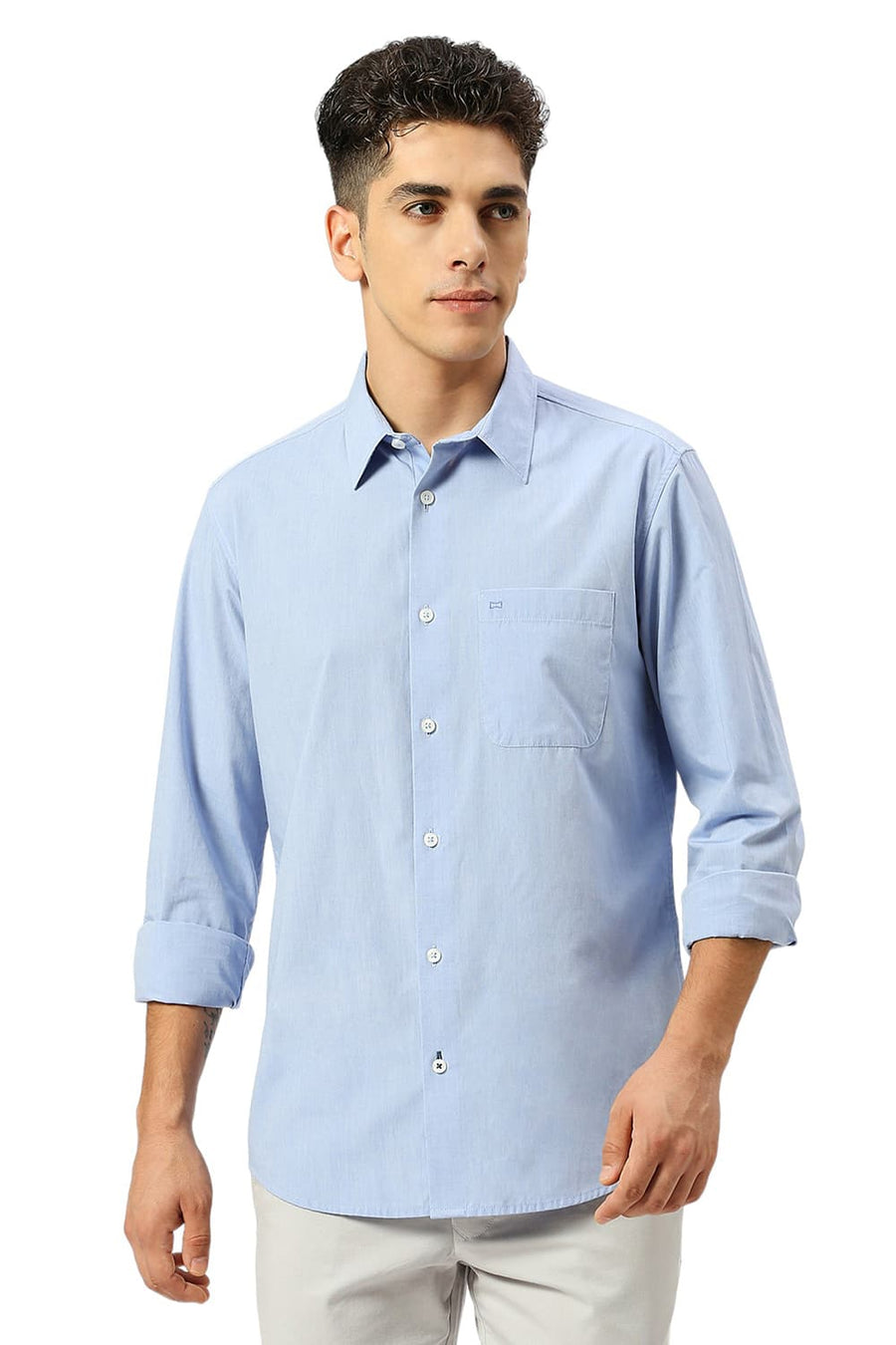 BASICS SLIM FIT BLUE HERON COTTON POLYESTER VISCOSE SHIRT