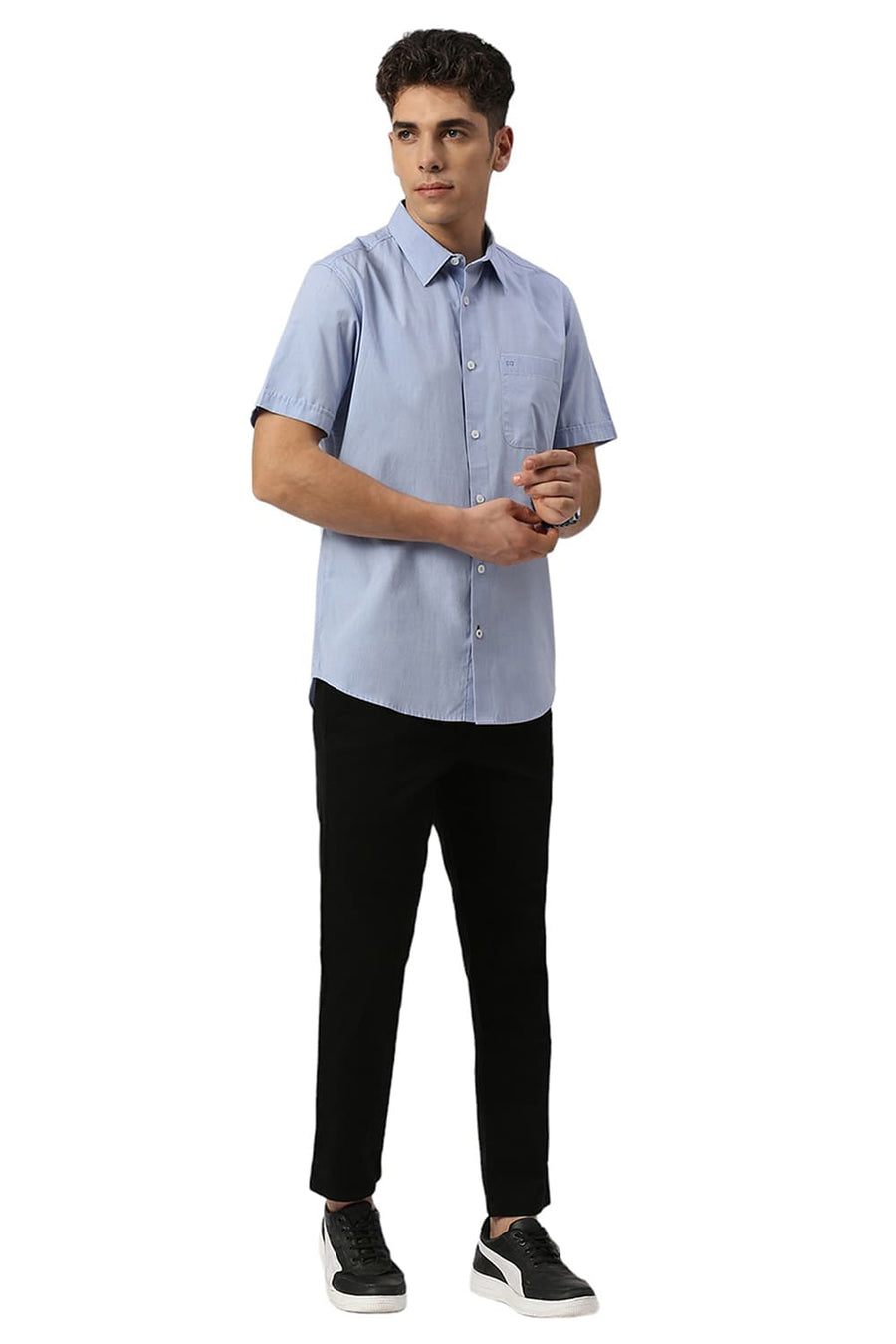 BASICS SLIM FIT BLUE HERON COTTON POLYESTER VISCOSE HALFSLEEVES SHIRT