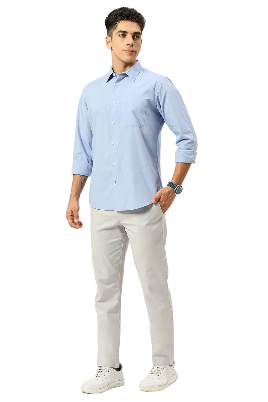 BASICS SLIM FIT BLUE HERON COTTON POLYESTER VISCOSE SHIRT