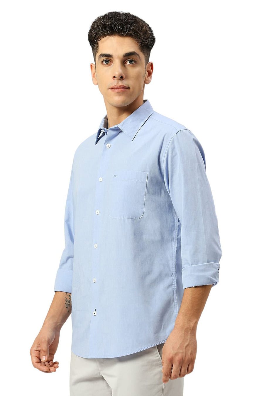 BASICS SLIM FIT BLUE HERON COTTON POLYESTER VISCOSE SHIRT
