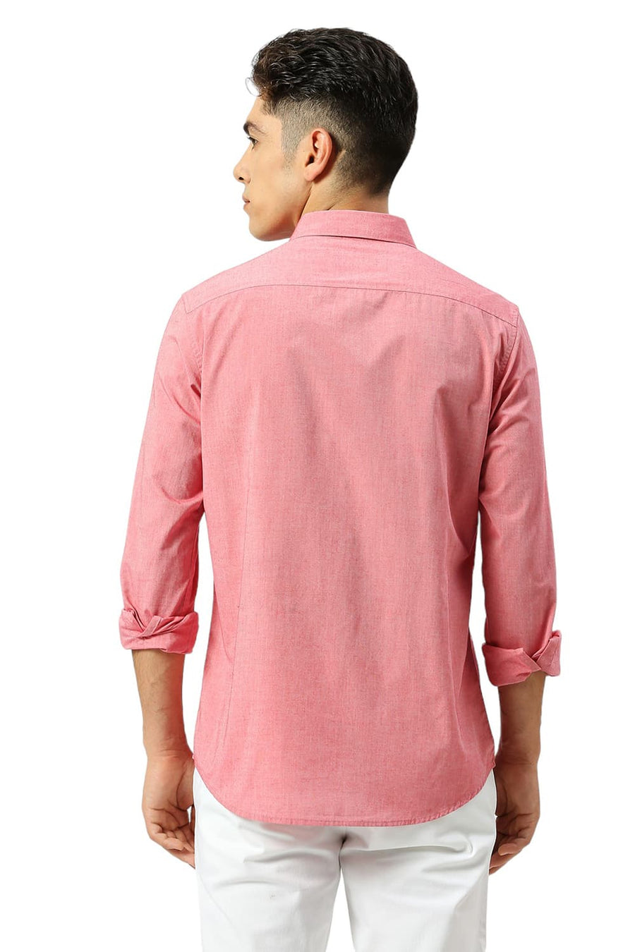BASICS SLIM FIT CORAL RED COTTON POLYESTER VISCOSE SHIRT