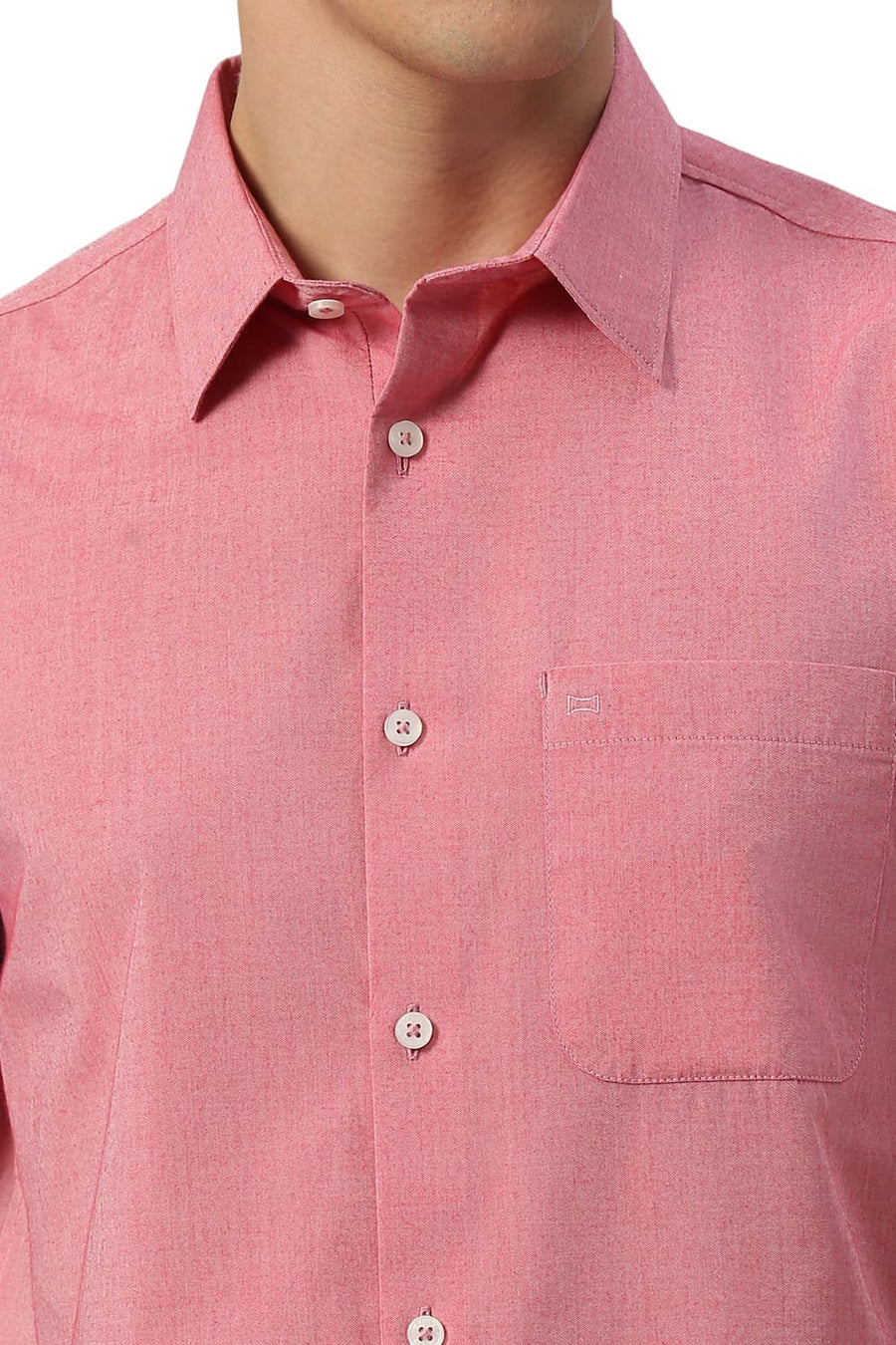 BASICS SLIM FIT CORAL RED COTTON POLYESTER VISCOSE HALFSLEEVES SHIRT