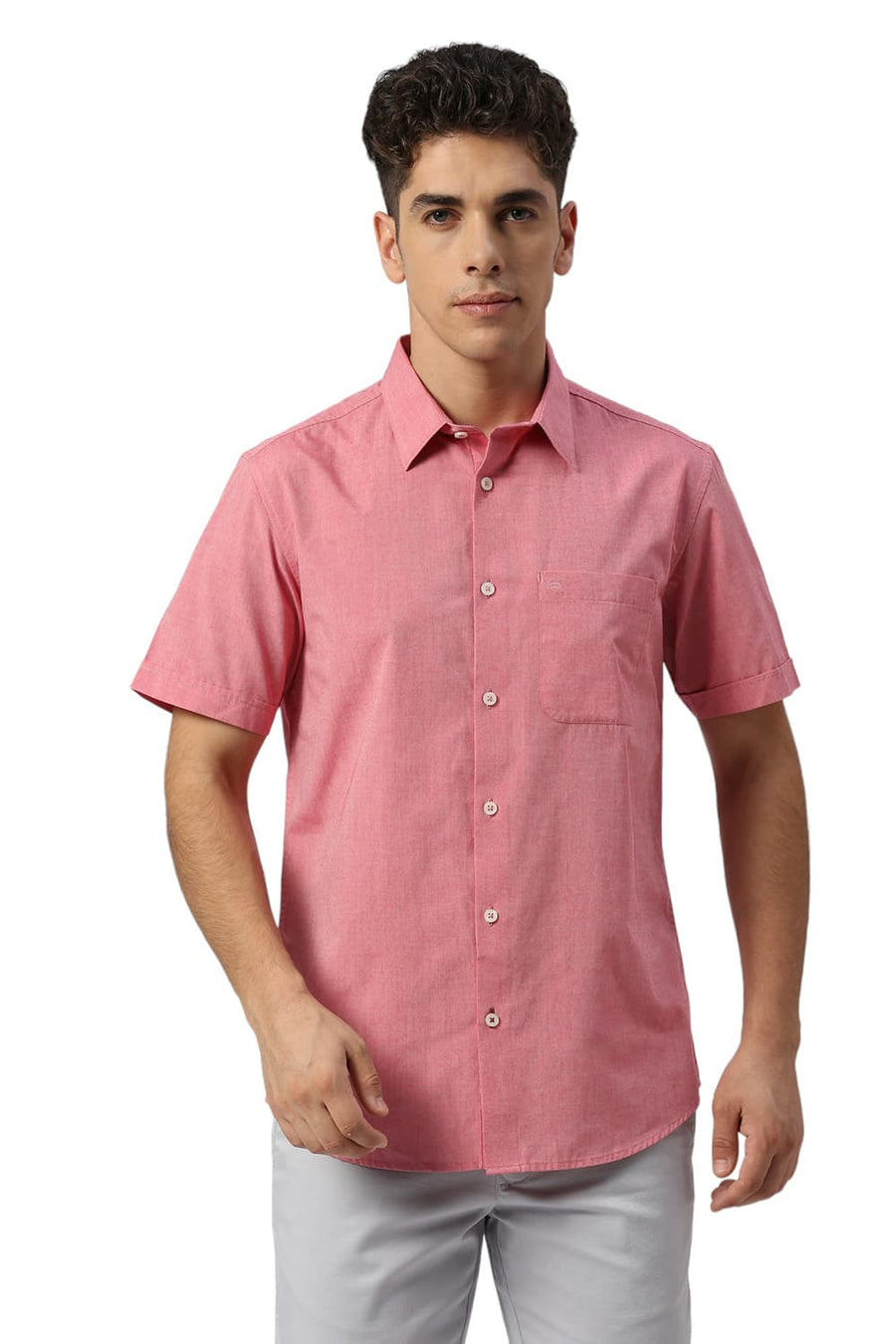 BASICS SLIM FIT CORAL RED COTTON POLYESTER VISCOSE HALFSLEEVES SHIRT