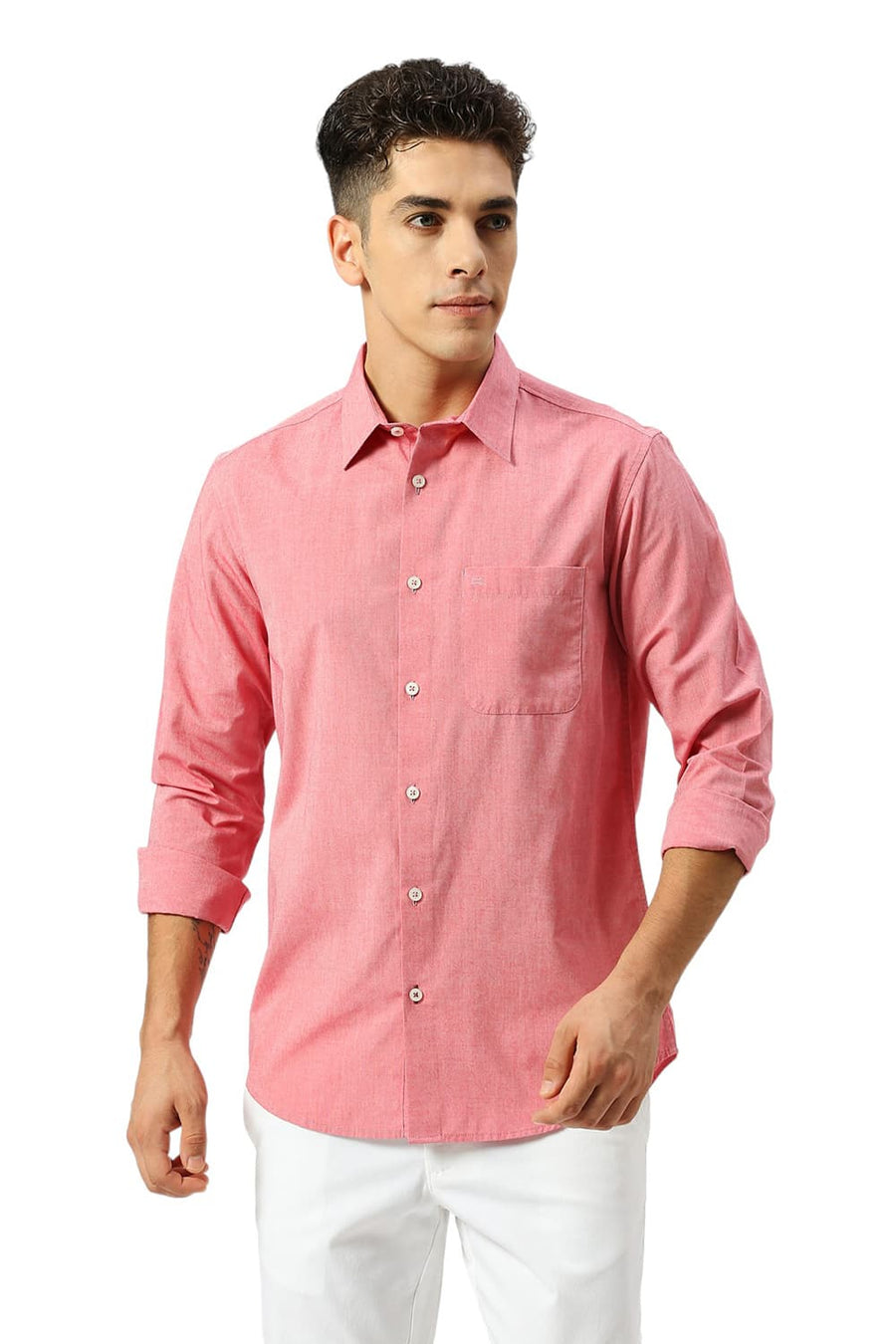 BASICS SLIM FIT CORAL RED COTTON POLYESTER VISCOSE SHIRT