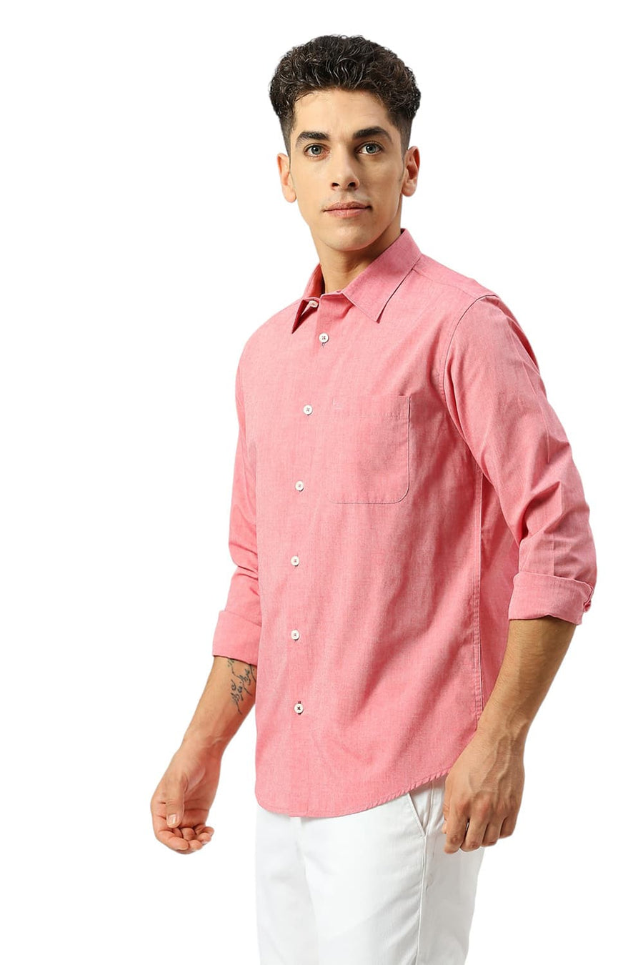 BASICS SLIM FIT CORAL RED COTTON POLYESTER VISCOSE SHIRT