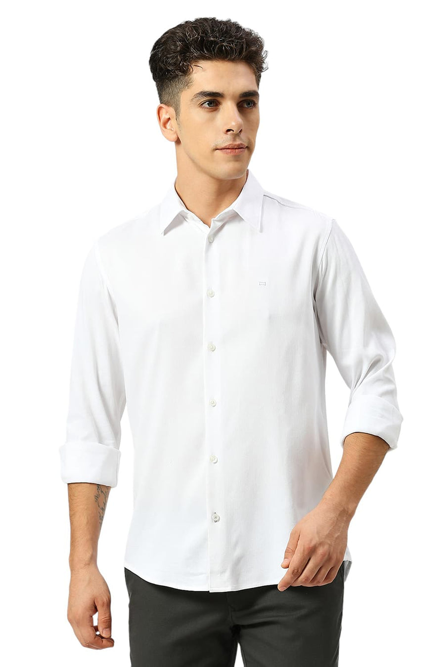 BASICS SLIM FIT LUCENT WHITE VISCOSE POLYESTER STRETCH DOBBY SHIRT