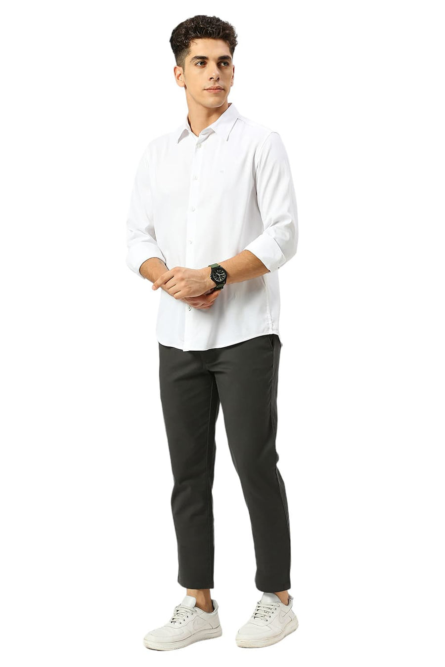 BASICS SLIM FIT LUCENT WHITE VISCOSE POLYESTER STRETCH DOBBY SHIRT