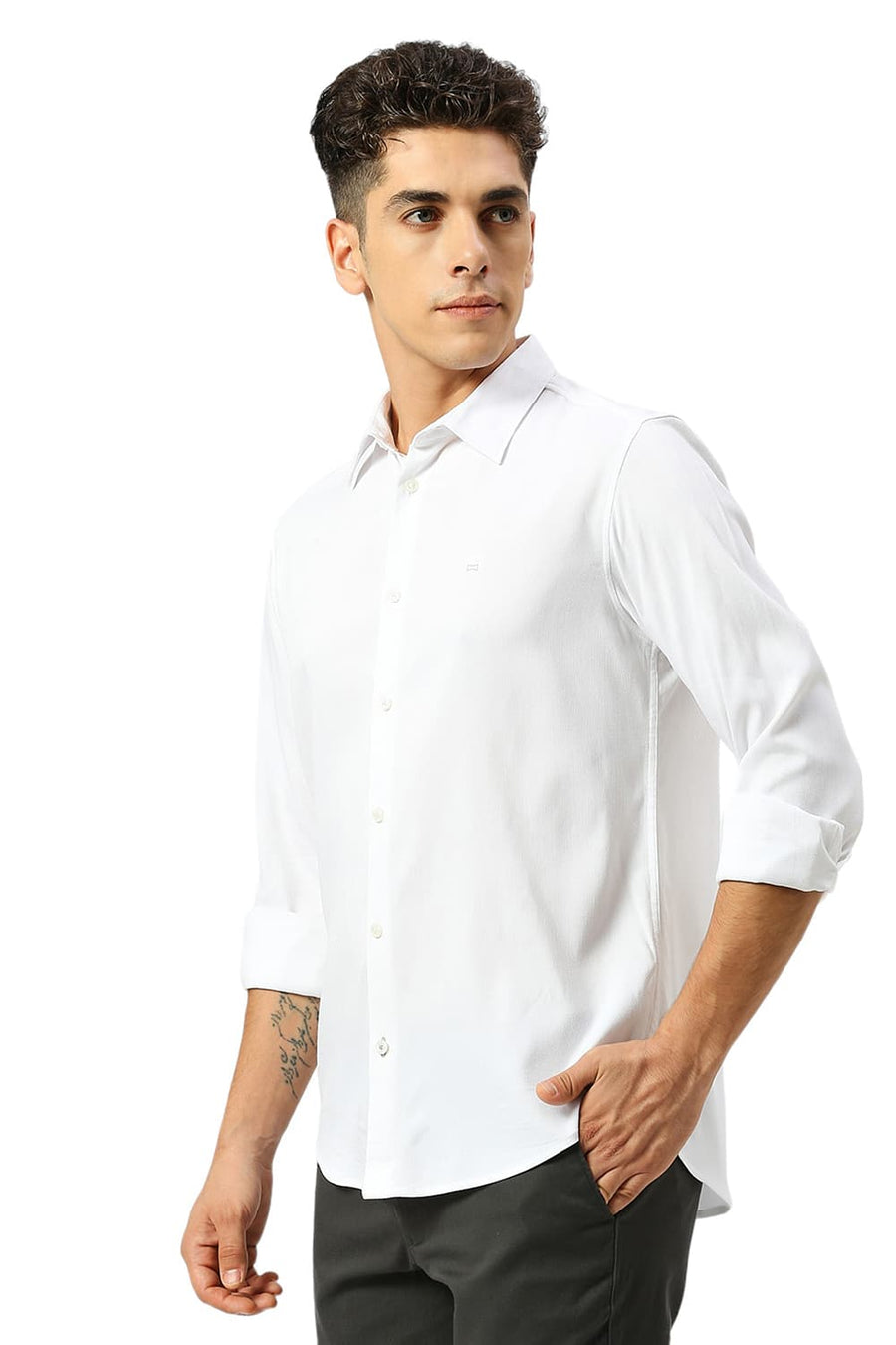 BASICS SLIM FIT LUCENT WHITE VISCOSE POLYESTER STRETCH DOBBY SHIRT