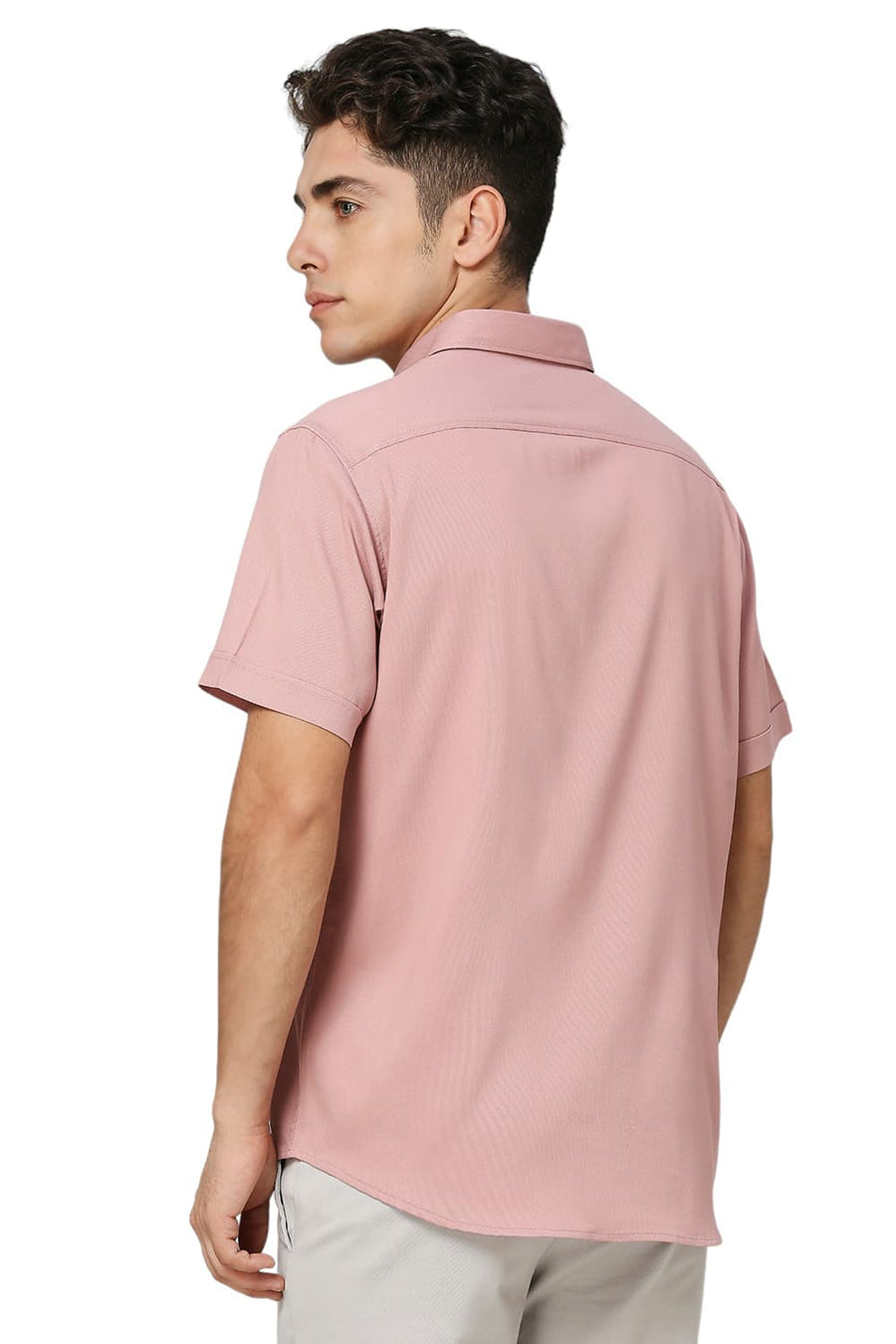 BASICS SLIM FIT PINK TAN VISCOSE POLYESTER STRETCH DOBBY HALFSLEEVES SHIRT