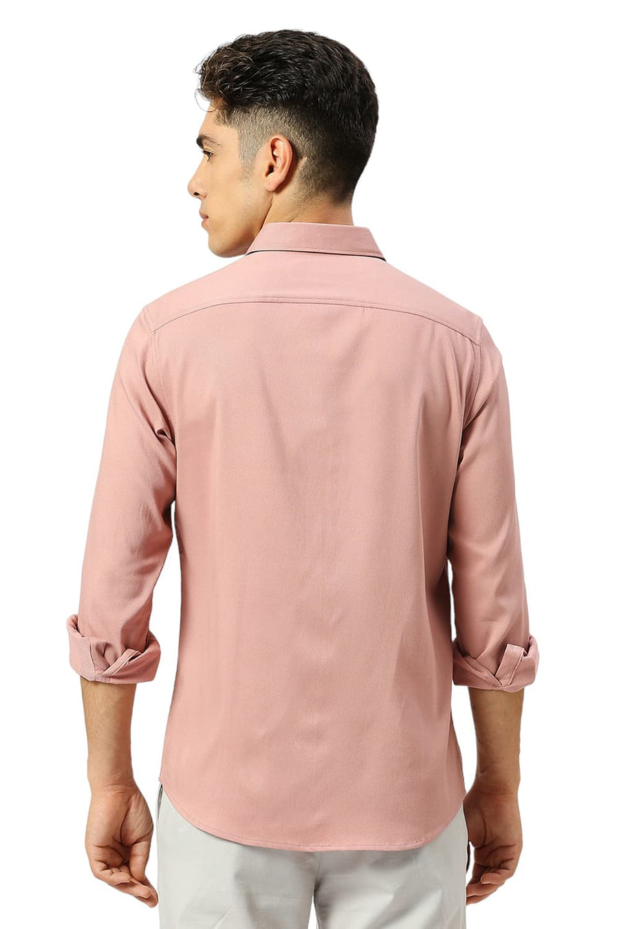 BASICS SLIM FIT PINK TAN VISCOSE POLYESTER STRETCH DOBBY SHIRT
