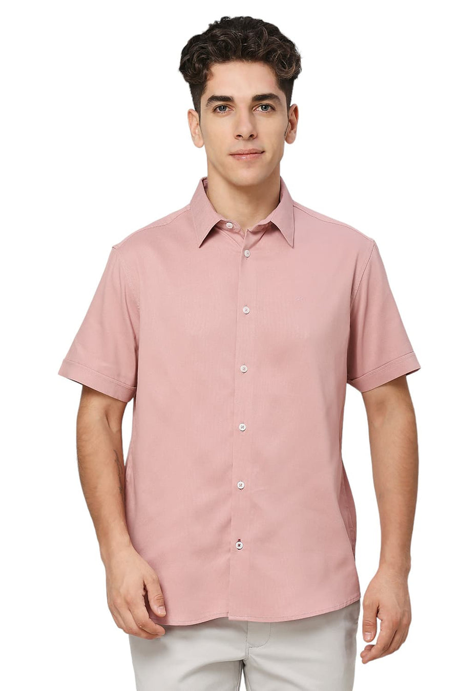 BASICS SLIM FIT PINK TAN VISCOSE POLYESTER STRETCH DOBBY HALFSLEEVES SHIRT