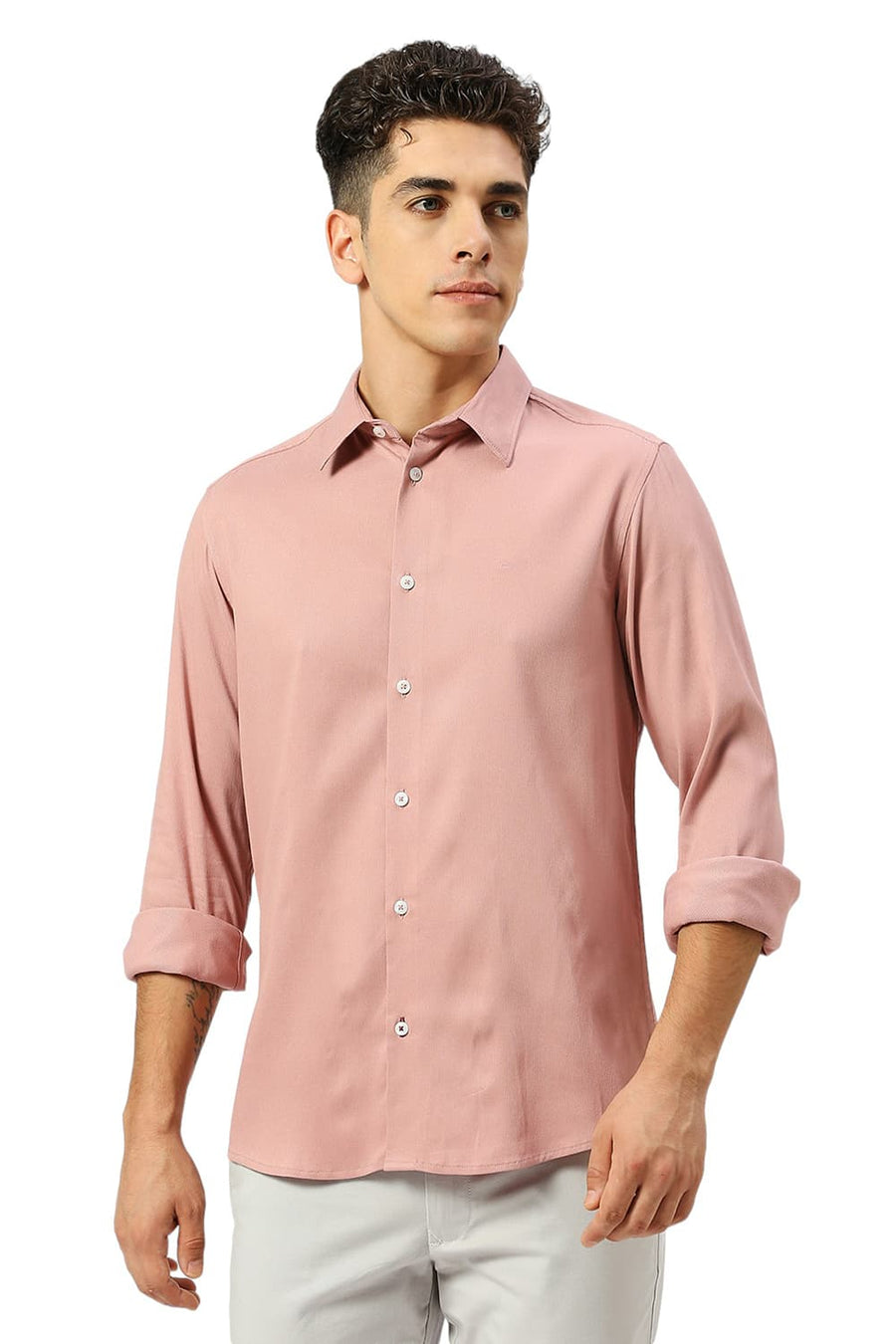 BASICS SLIM FIT PINK TAN VISCOSE POLYESTER STRETCH DOBBY SHIRT