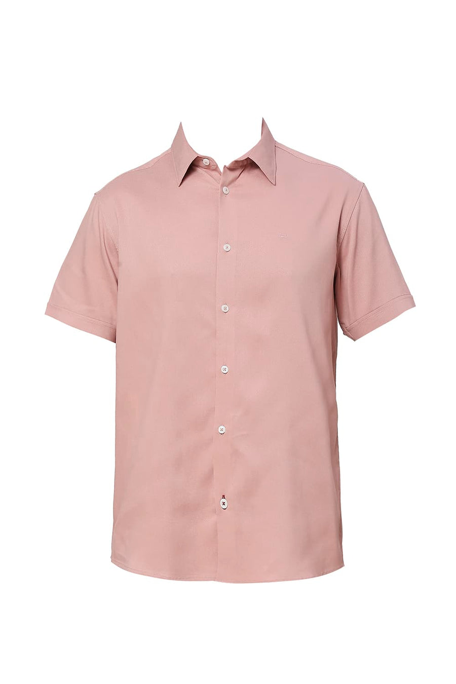 BASICS SLIM FIT PINK TAN VISCOSE POLYESTER STRETCH DOBBY HALFSLEEVES SHIRT