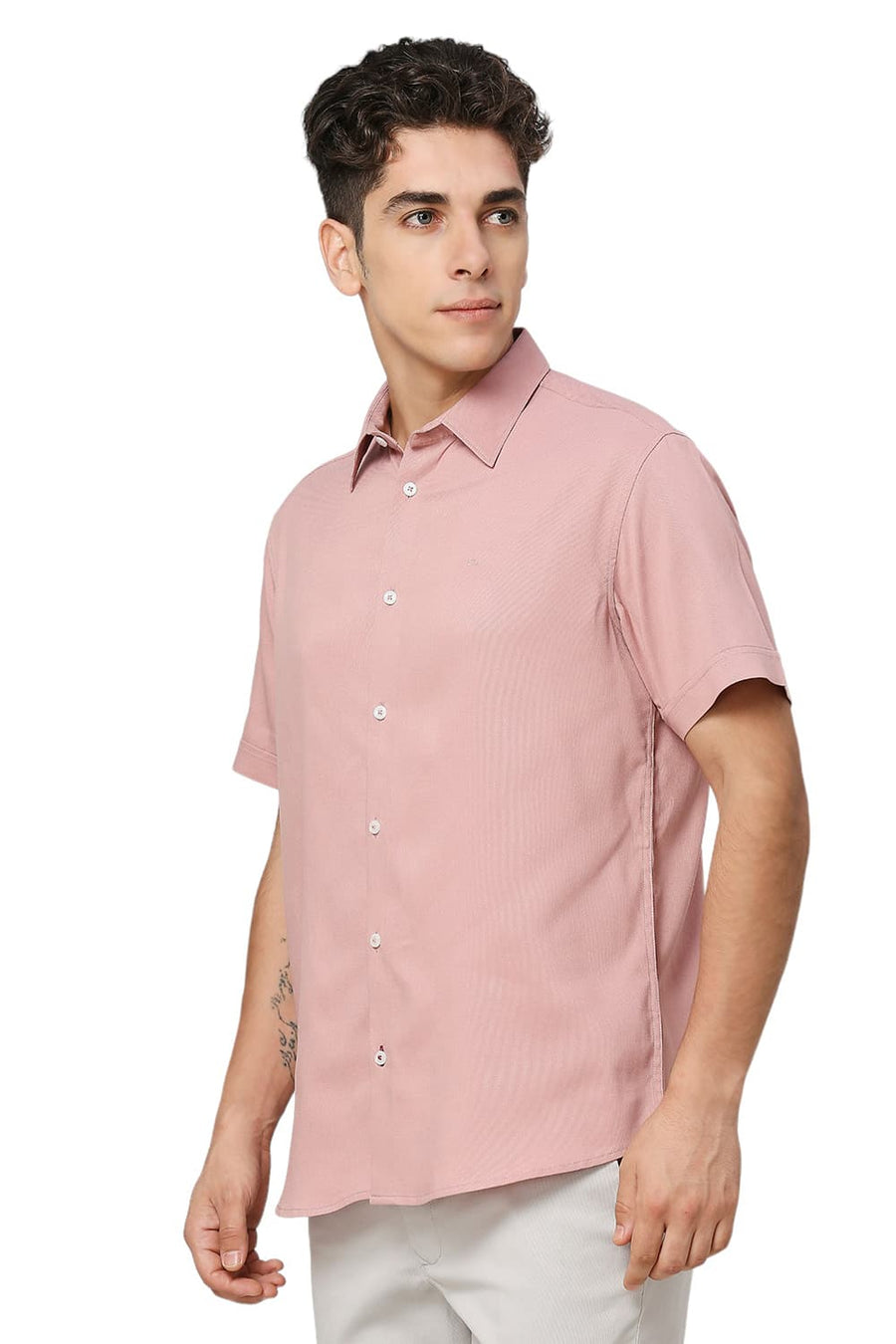 BASICS SLIM FIT PINK TAN VISCOSE POLYESTER STRETCH DOBBY HALFSLEEVES SHIRT