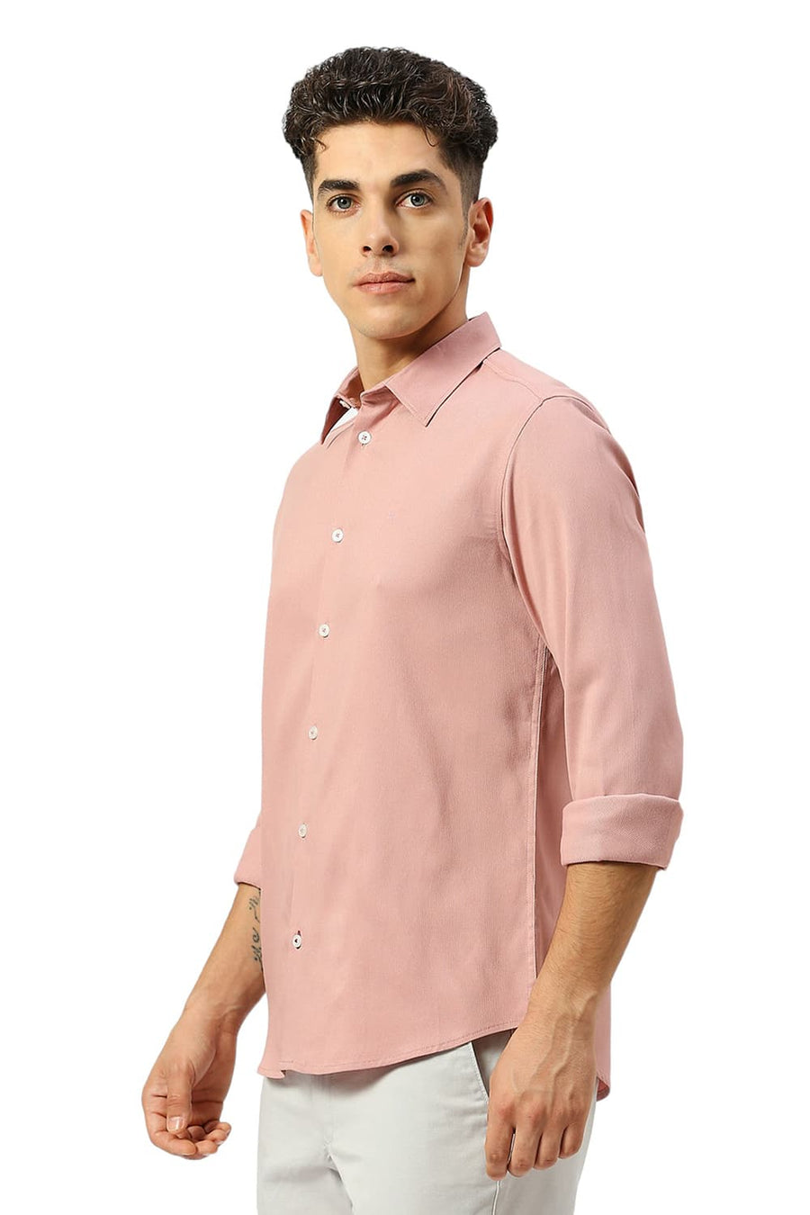 BASICS SLIM FIT PINK TAN VISCOSE POLYESTER STRETCH DOBBY SHIRT