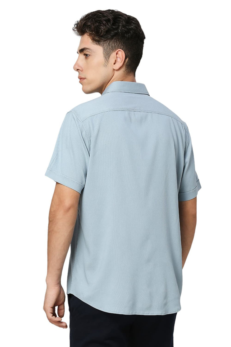BASICS SLIM FIT ARONA BLUE VISCOSE POLYESTER STRETCH DOBBY HALFSLEEVES SHIRT